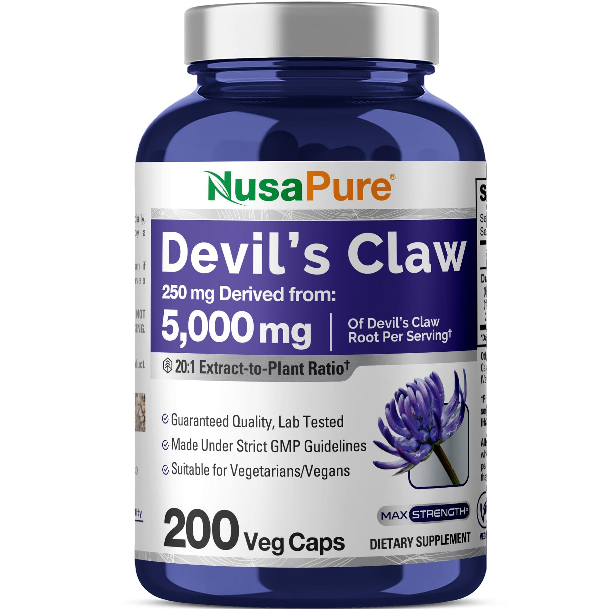 NusaPure Devil's Claw 20:1 Extract, 250 mg Equivalent to 5000mg, 200 Veggie Capsules, Concentrated Root Extract, Devils Claw Herbal Supplement, Non-GMO, Vegan Supplement NusaPureAu supplements