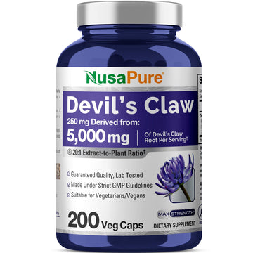 NusaPure Devil's Claw 20:1 Extract, 250 mg Equivalent to 5000mg, 200 Veggie Capsules, Concentrated Root Extract, Devils Claw Herbal Supplement, Non-GMO, Vegan Supplement NusaPureAu supplements