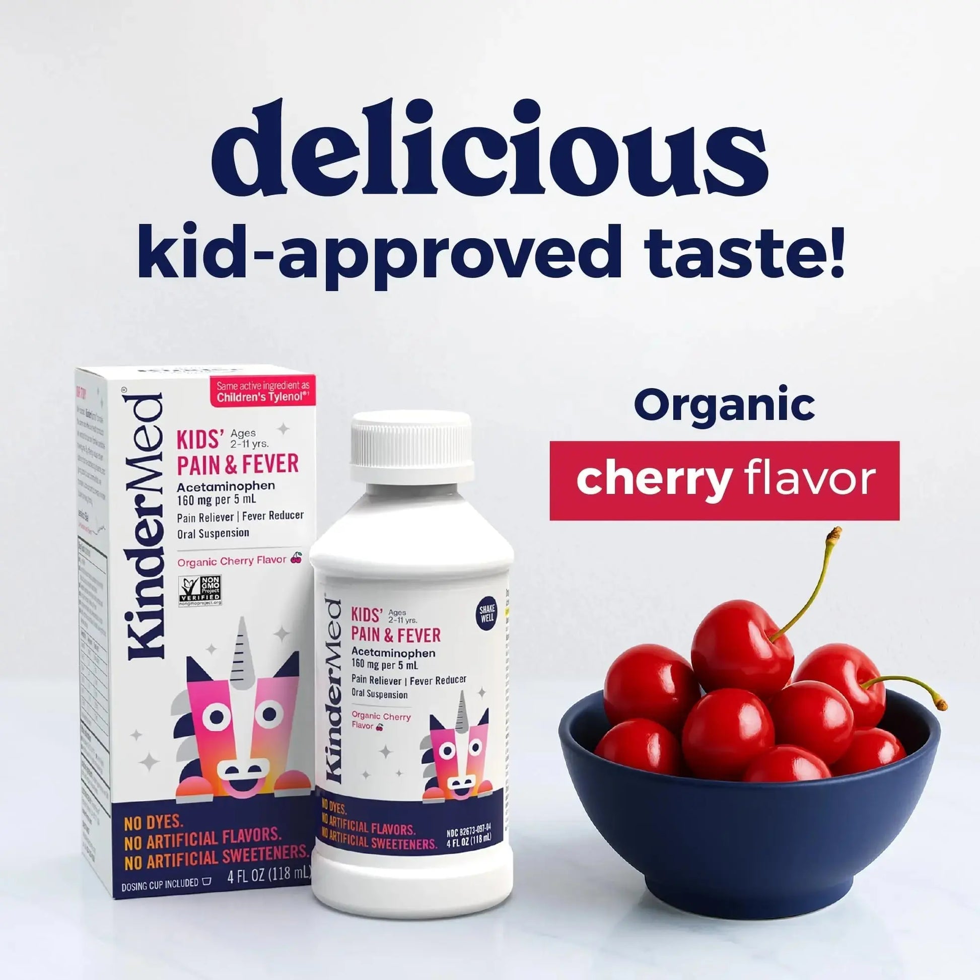 KinderMed Kids' Pain & Fever Medicine, for Ages 2-11 Years, No Dyes, No Artificial Flavors, No Artificial Sweeteners, Vegan, Non-GMO, Gluten Free, Organic Cherry Flavor, Two Pack, 2 x 4 fl. oz KinderMedAu supplements