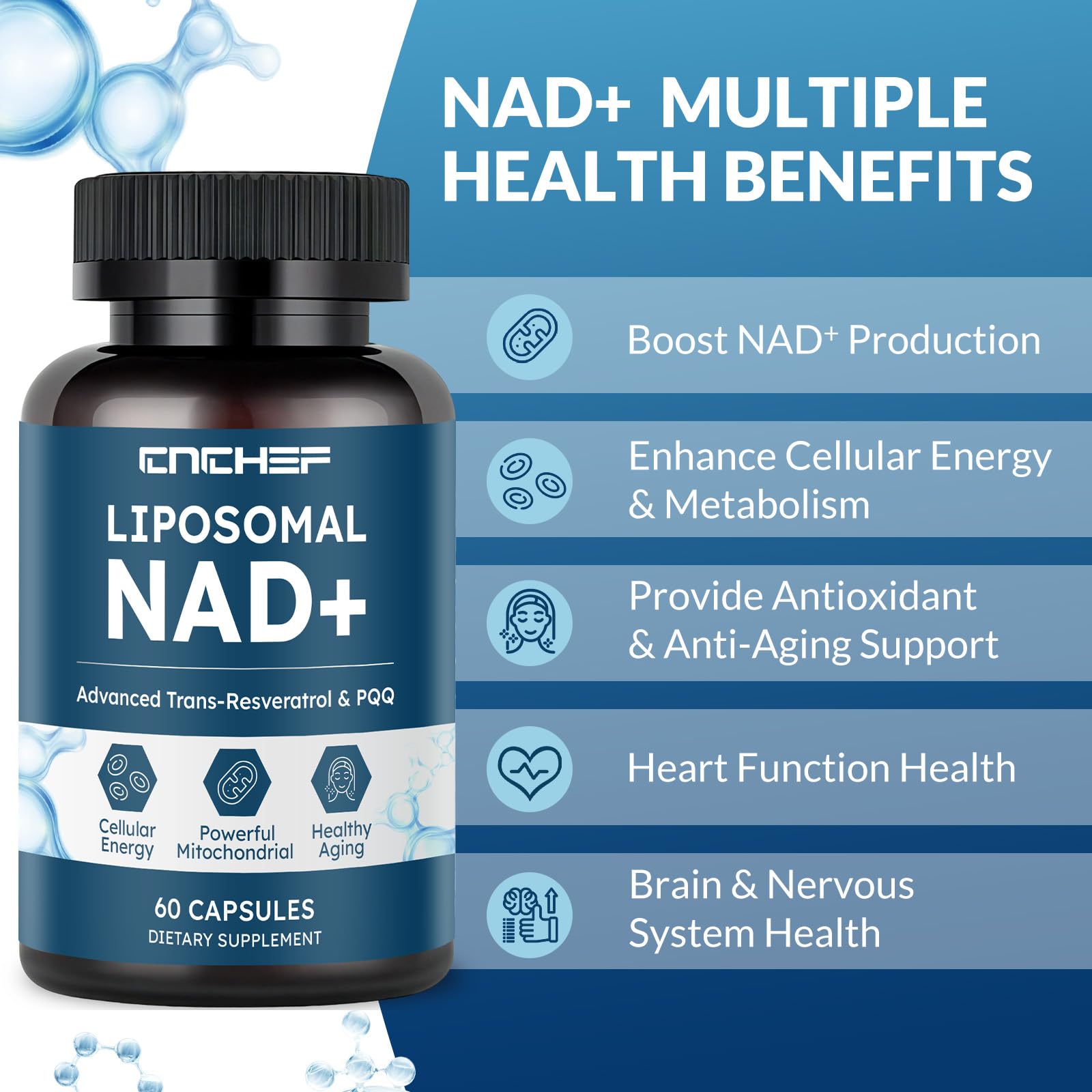 CNCHEF Liposomal NAD Supplement -1000mg, NAD Resveratrol Supplement for Women & Men with Nicotinamide Riboside, Resveratrol, PQQ & TMG, NAD Plus Boosts NAD+ Levels, Anti-Aging & Brain, 60 Capsules CNCHEFAu supplements