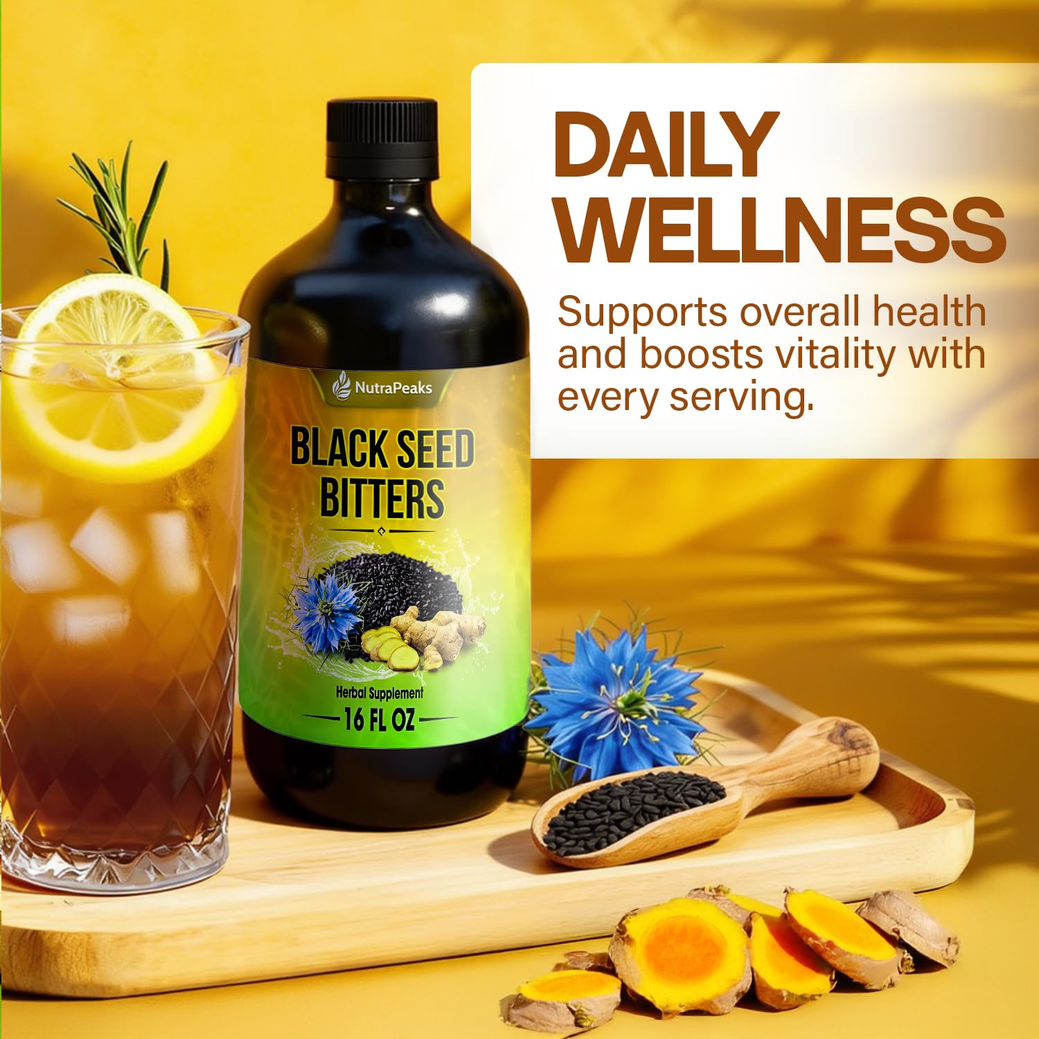 Black Seed Oil Bitters Liquid - Premium Herbal Blend with Black Seed Extract, Curcumin (Turmeric Extract), Ashwagandha, Elderberry, Probiotics, Vitamin C, Zinc...16 fl oz | Natural Botanical Blend NutraPeaksAu supplements