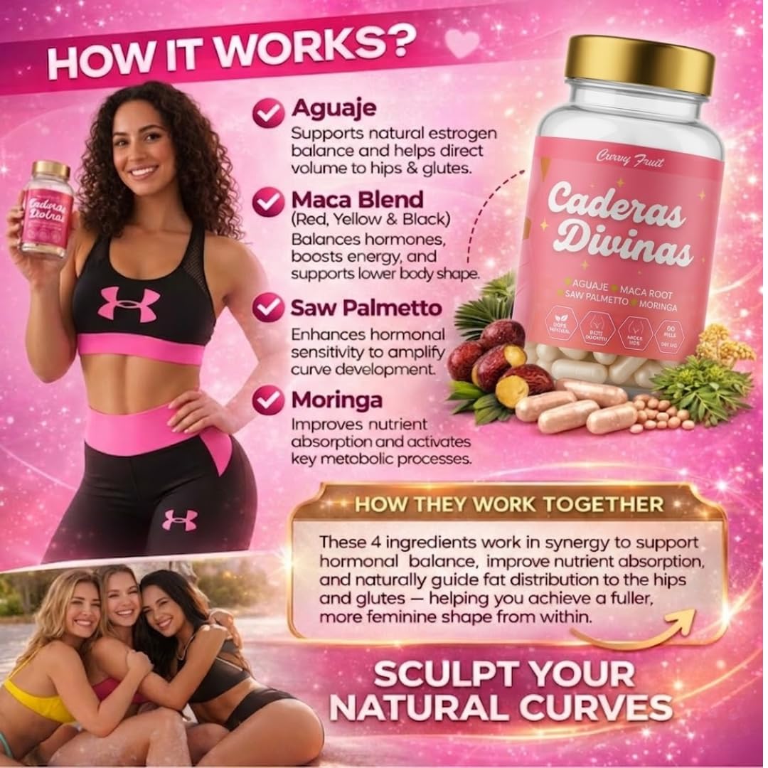 Caderas Divinas : Bigger Booty & Wider Hips – Aguaje + Maca Pills with Moringa & Saw Palmetto – 4 Super Ingredients for Natural Curve Growth – by CurvyFruit – 60 Capsules Curvy FruitAu supplements