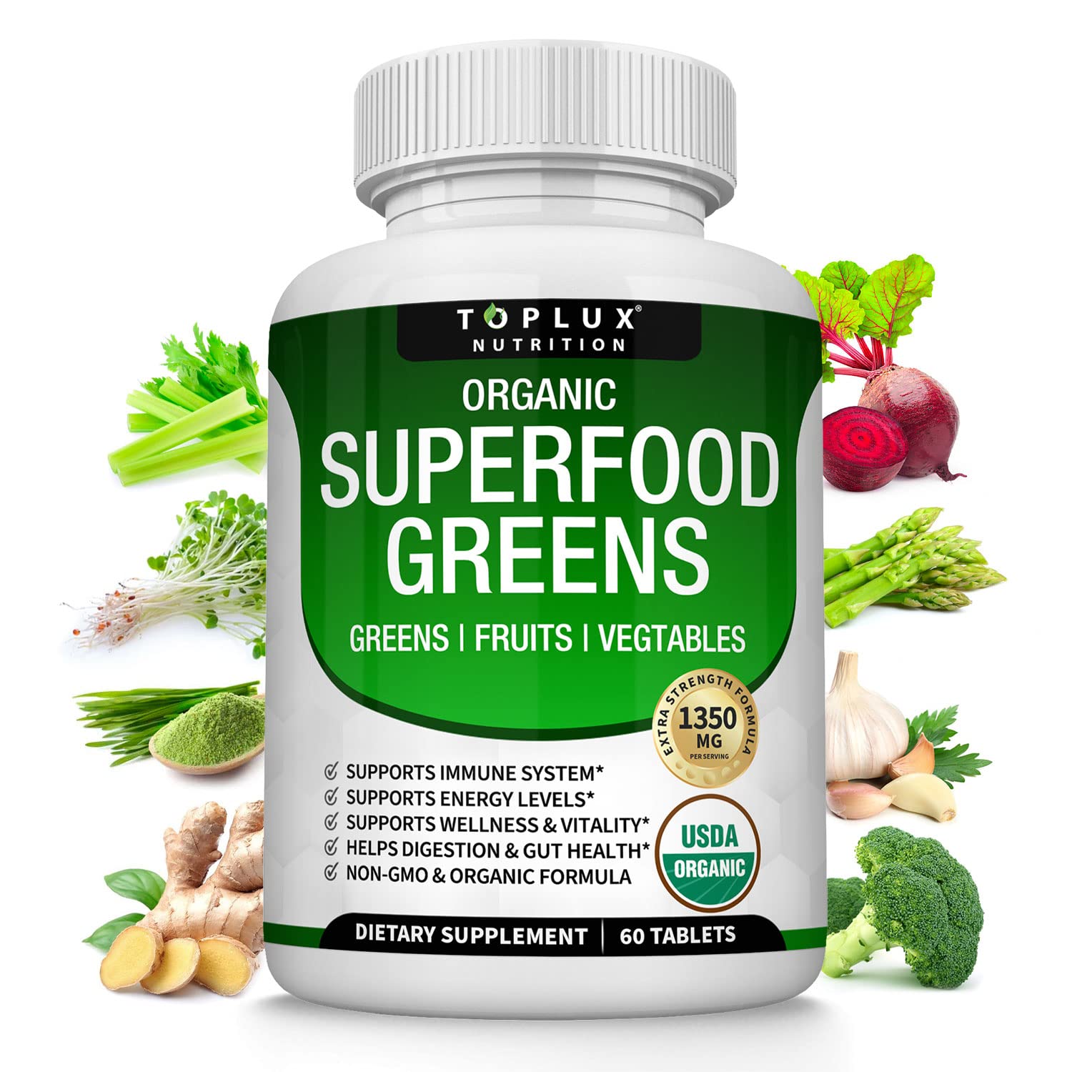 Organic Super Greens Capsules Superfood Fruit Veggie Supplement - 28 Powerful Natural TopluxUS supplements
