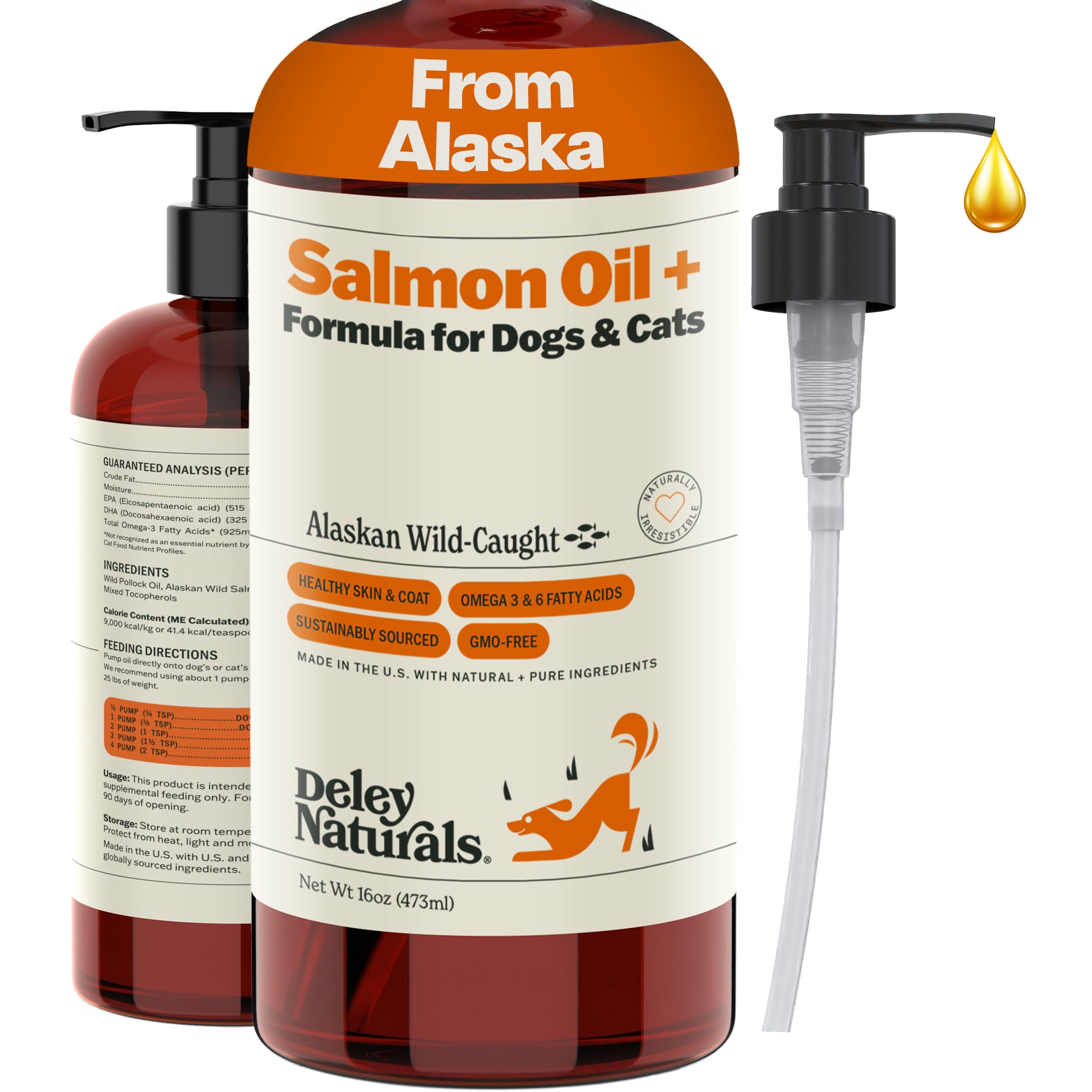 Deley Naturals Wild Alaskan Salmon Oil for Dogs & Cats - New and Improved Salmon Oil Plus Formula - Fish Oil for Dogs with Omega 3, DHA and EPA - Omega 3 for Healthy Skin and Coat - 16oz Made in USA Deley NaturalsAu supplements