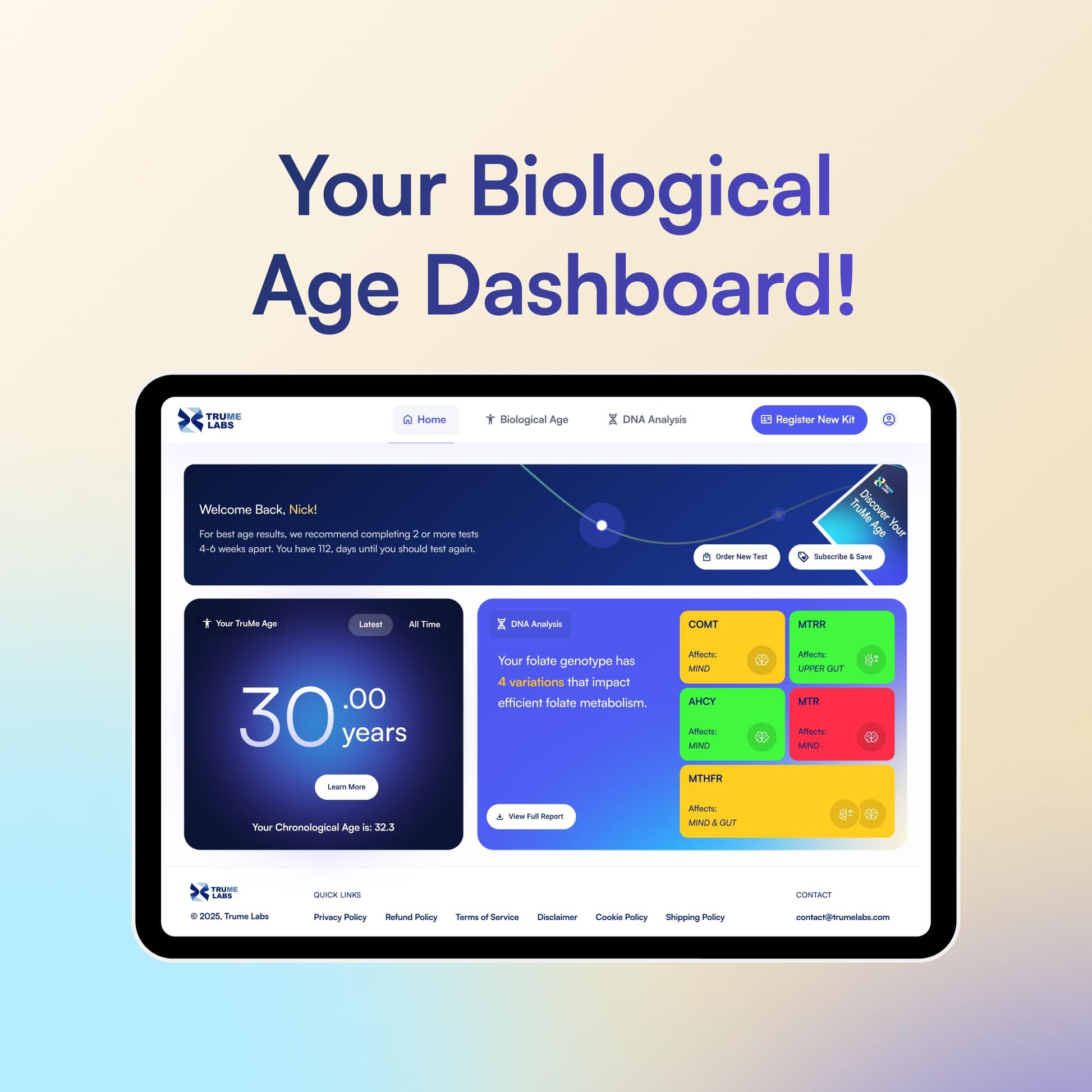 TruMe Labs Biological Age at-Home Test Kit (Saliva) – Biological Age Estimate + Peer Percentile Comparison, 10-Page Action Plan, Results in 1–2 Weeks. TruMe LabsAu supplements