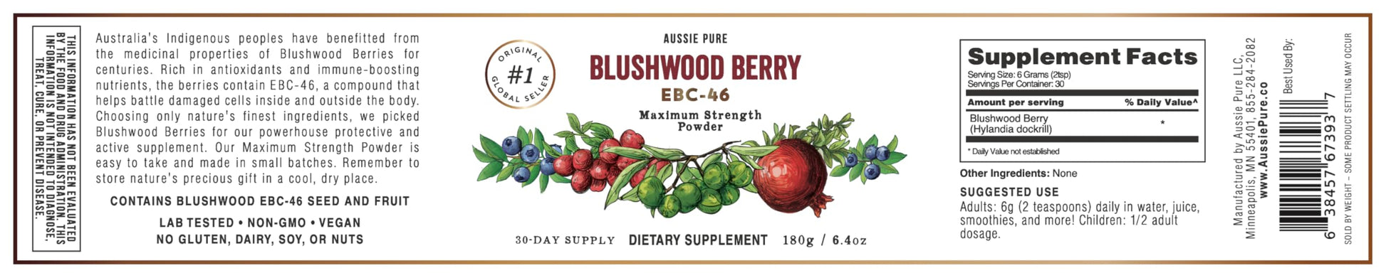Aussie Pure Blushwood Berry Powder EBC-46 - Maximum Strength Immune and Cell Support - Contains The Fruit and Seed - 180g/6.4oz Per Container Aussie PureAu supplements