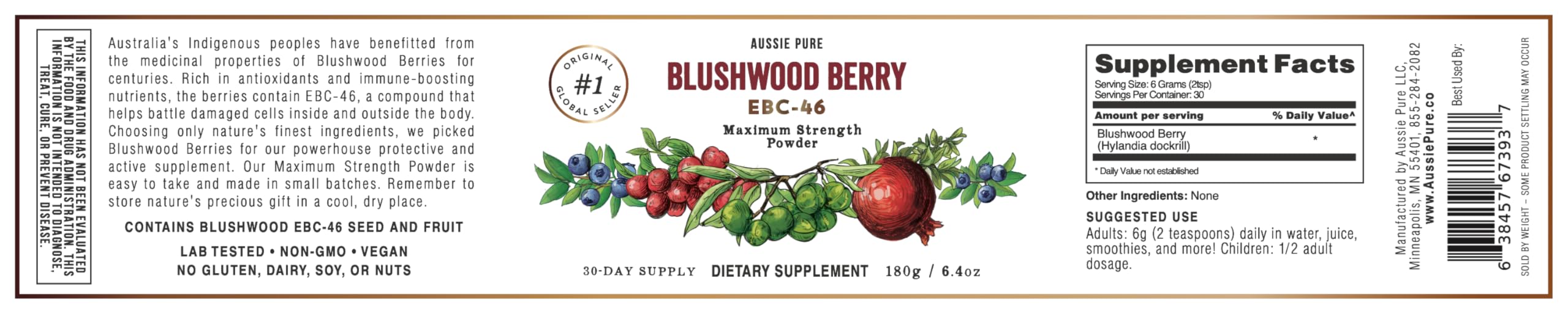 Aussie Pure Blushwood Berry Powder EBC-46 - Maximum Strength Immune and Cell Support - Contains The Fruit and Seed - 180g/6.4oz Per Container Aussie PureAu supplements