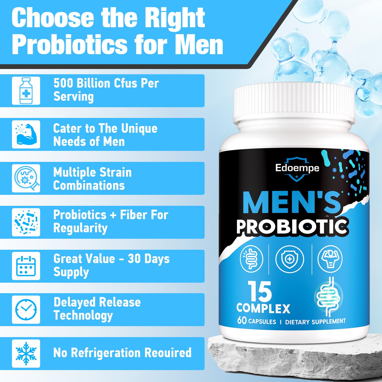 Probiotics for Men, 500 Billion CFUs 12 Strains, Mens Probiotics for Gut Health*, Digestive Health*, Energy, Prostate & Urinary Tract*, with Cranberry, Goji, Turmeric & Amla, Shelf Stable, 60 Caps EdoempeAu supplements