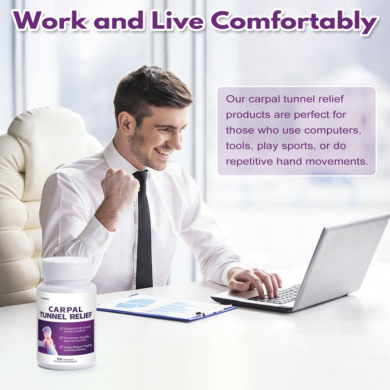 Euphea Carpal Tunnel Relief & Wrist Support Supplement, Helps Ease Tingling & Numbness,Vitamins B6, B12, C, D, K + GABA,60 Capsules EupheaAu supplements