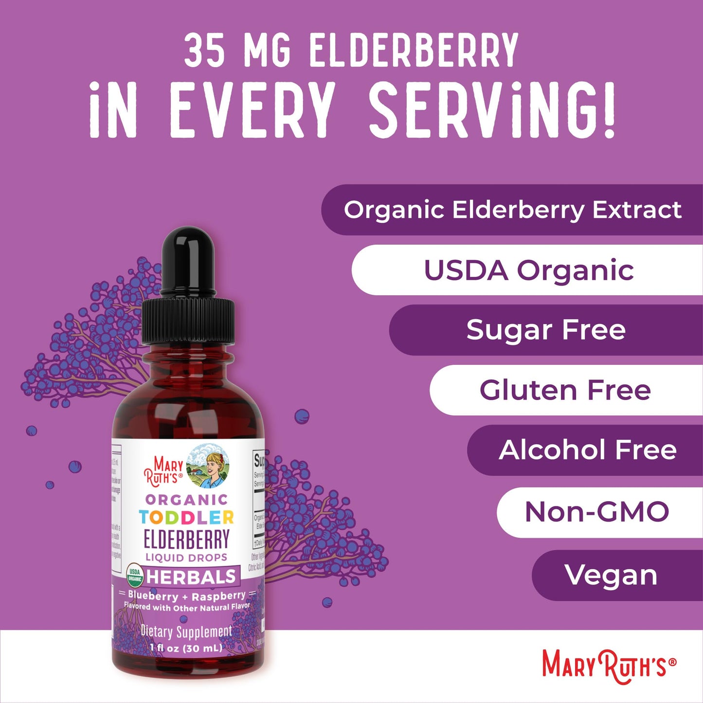 MaryRuth Organics Toddler Elderberry Syrup, USDA Organic Elderberry, Sugar Free Kids Immune Support Supplement for Ages 1-3 Years, Clean Label Project Verified®, Vegan, Non-GMO, Gluten Free, 1 Fl Oz MARYRUTH'SUS supplements