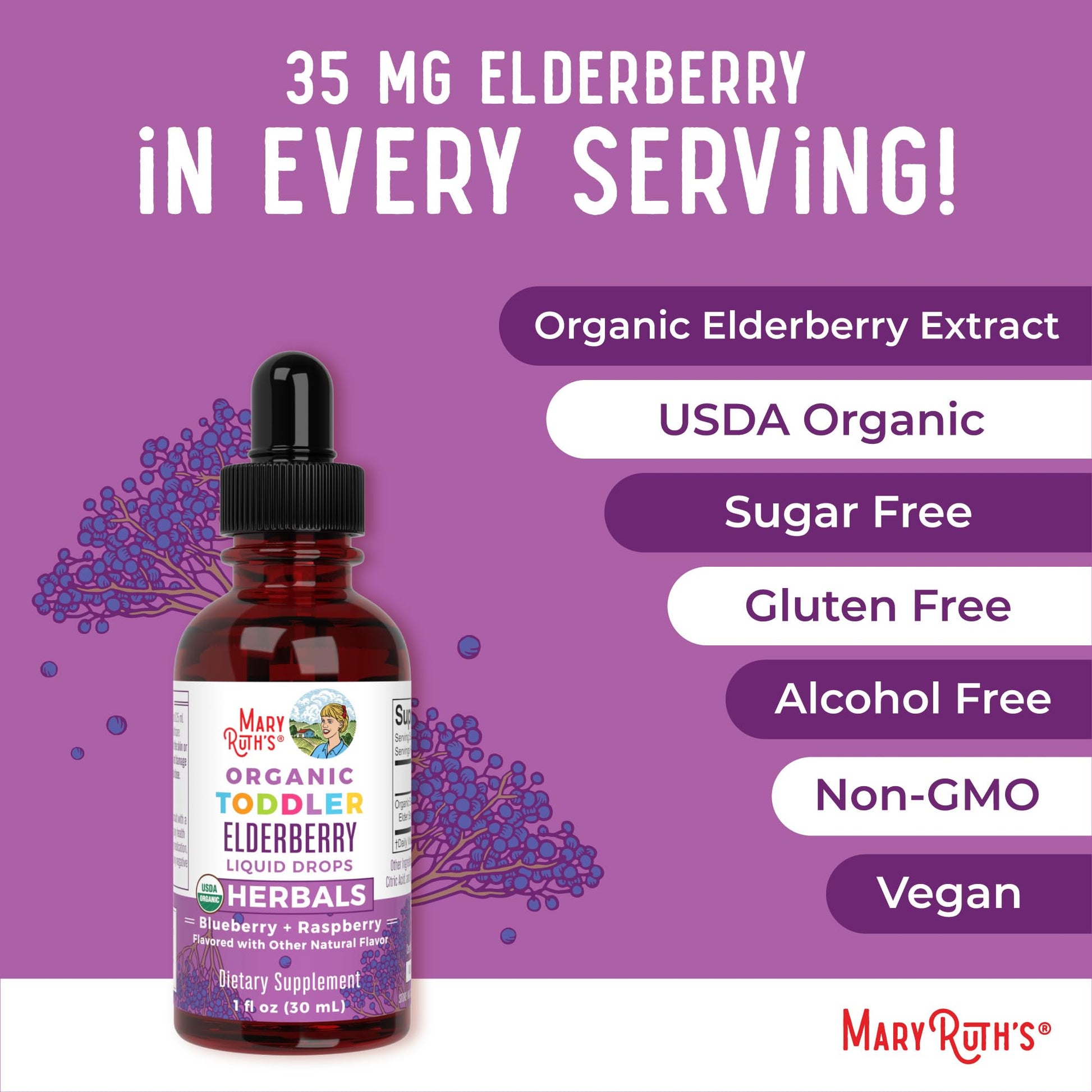 MaryRuth Organics Toddler Elderberry Syrup, USDA Organic Elderberry, Sugar Free Kids Immune Support Supplement for Ages 1-3 Years, Clean Label Project Verified®, Vegan, Non-GMO, Gluten Free, 1 Fl Oz MARYRUTH'SUS supplements