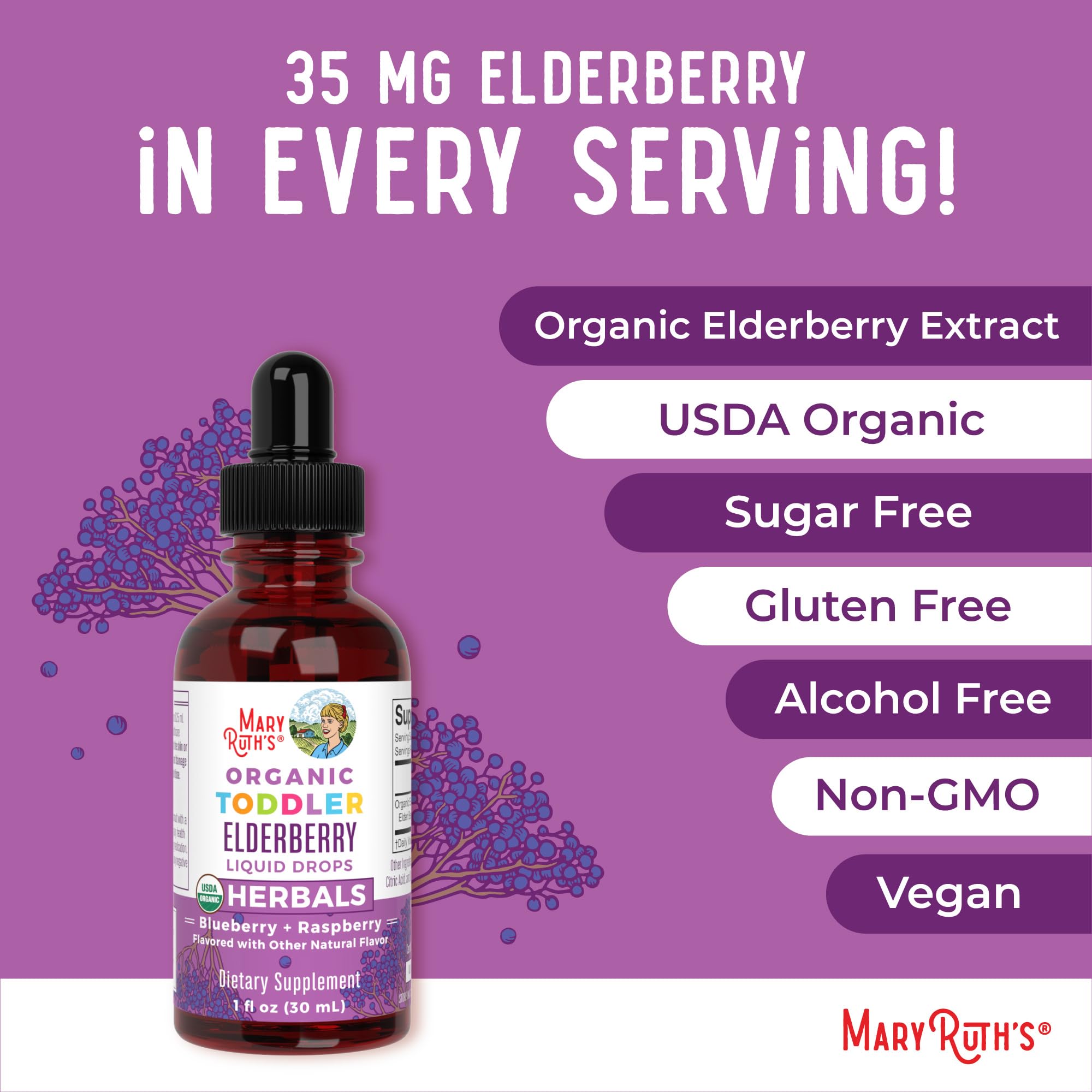 MaryRuth Organics Toddler Elderberry Syrup, USDA Organic Elderberry, Sugar Free Kids Immune Support Supplement for Ages 1-3 Years, Clean Label Project Verified®, Vegan, Non-GMO, Gluten Free, 1 Fl Oz MARYRUTH'SUS supplements