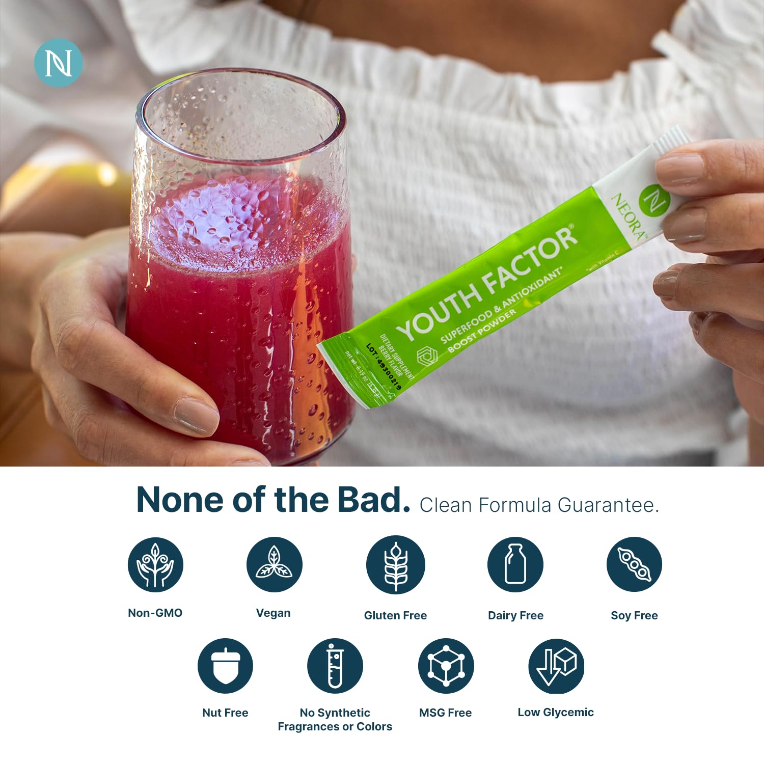 NEORA Youth Factor - Superfood Boost Powder - pH Balance, Hair Skin Nails Support, Fruits & Veggies Equivalent, Nutrient Absorption - 30 Packets NEORAAu supplements