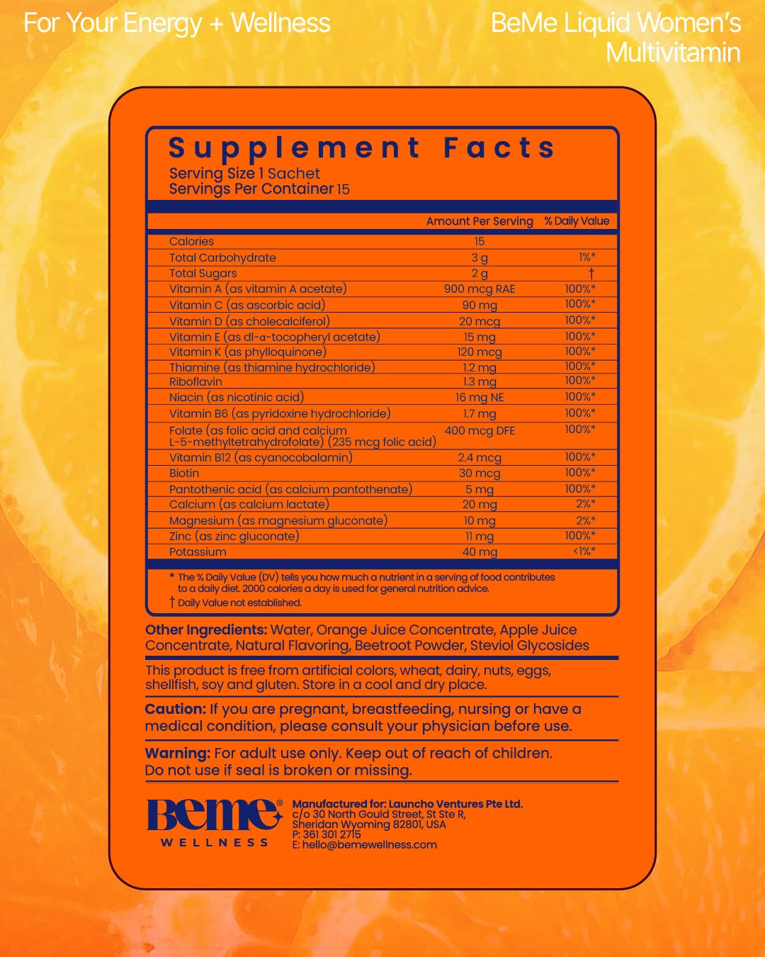 BeMe Liquid Multivitamins for Women - Advanced Liquid Delivery System with 13 Vitamins & Minerals - Tear & Go Sachets, Non-GMO, Orange Flavor (15 Sachets) BeMeAu supplements