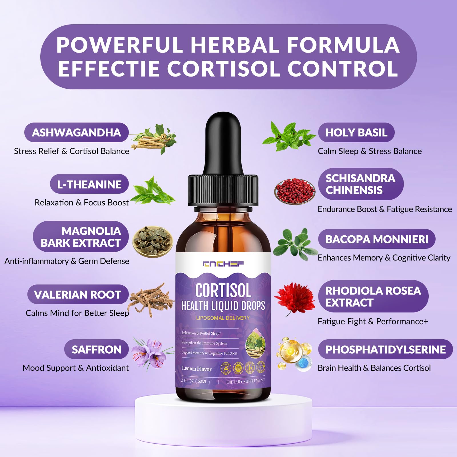 Cortisol Supplement Liquid Drops, Hormone Balance for Women Men Cortisol Detox with Magnesium Glycinate, L-Theanine, Rhodiola Rosea, Ashwagandha, Phosphatidylserine, Mood Focus, Sleep Support, 2 Fl Oz CNCHEFAu supplements