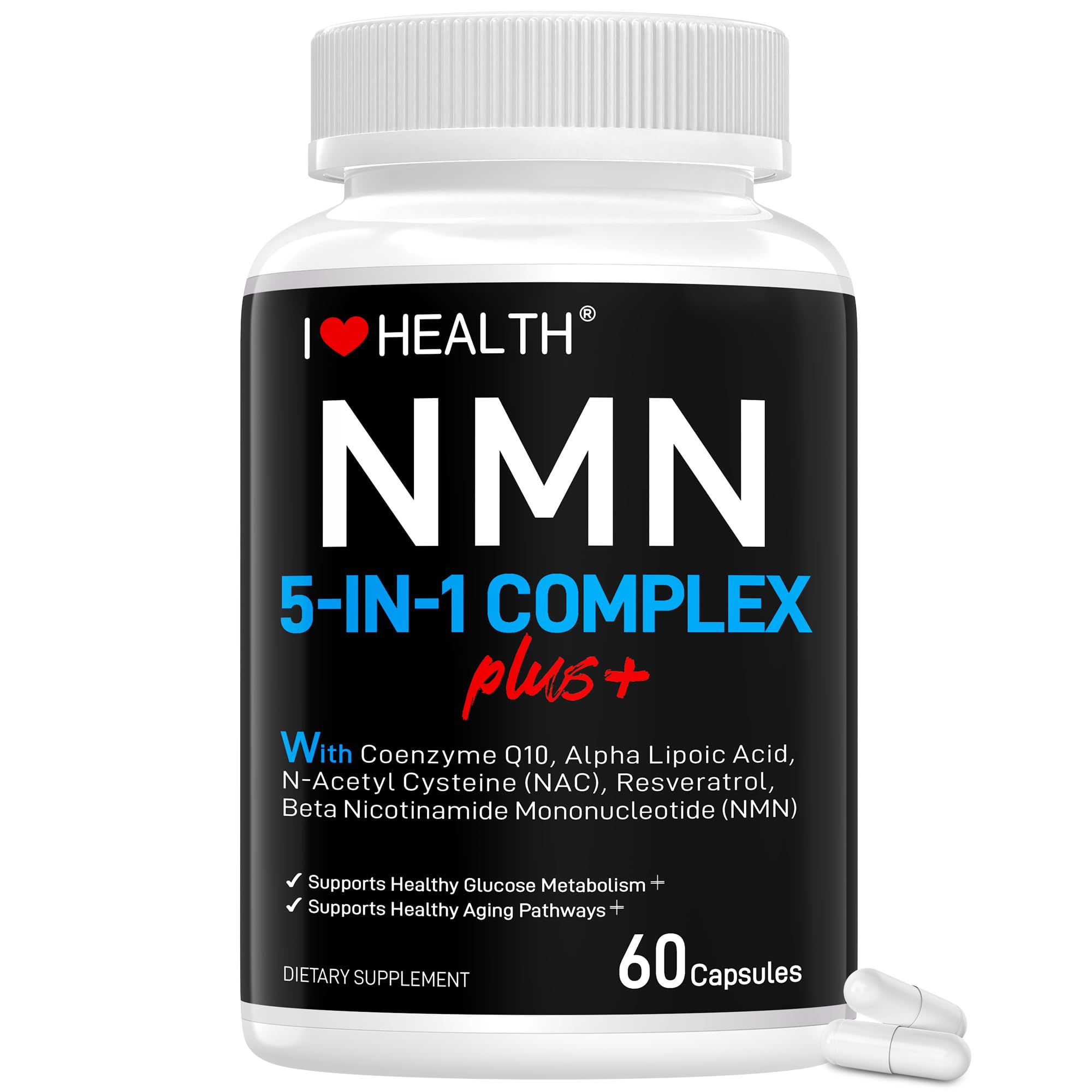I LOVE HEALTH NMN Complex Plus+ for Women & Men with NAC, Alpha Lipoic Acid, CoQ10 & Resveratrol – 5-in-1 Cellular Energy & Healthy Aging Support – 60 Capsules, Non-GMO, Made in USA I LOVE HEALTHAu supplements
