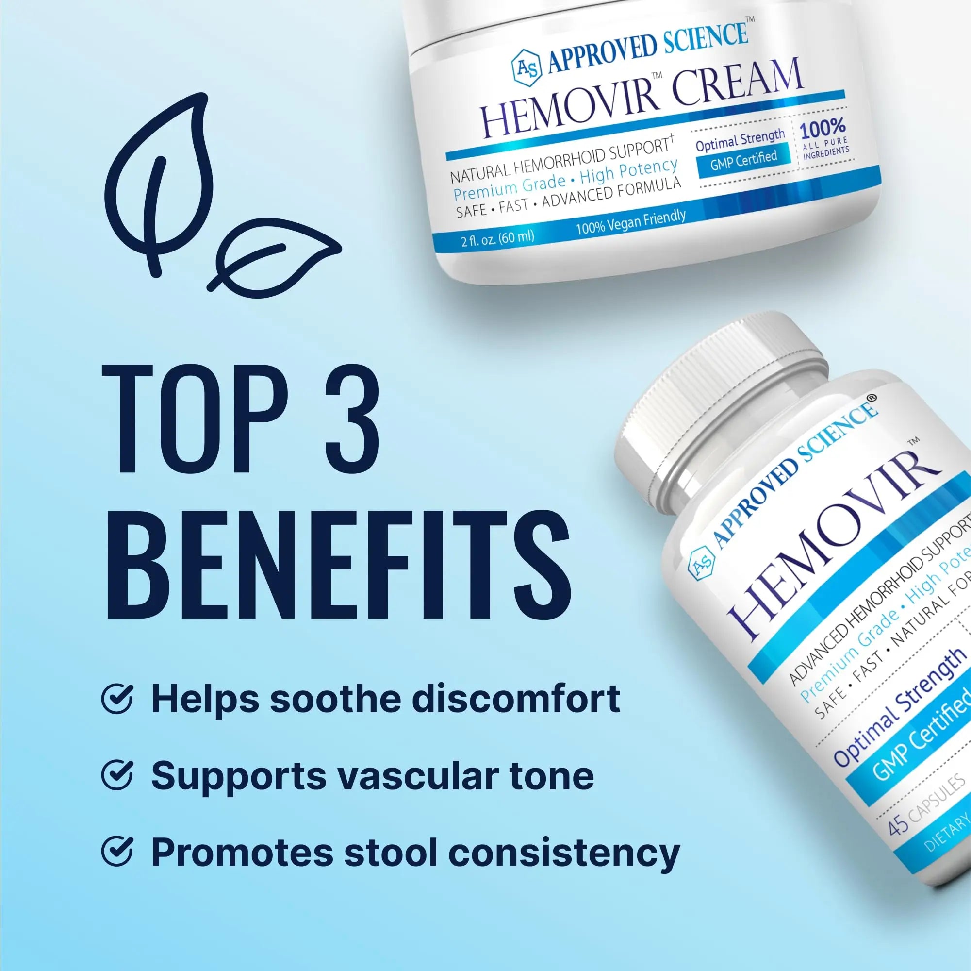 Approved Science Hemovir - Hemorrhoid Capsules and Cream - Dual-Action Stops Itching and Optimizes Blood Flow - Internal and External Care - 45 Capsules + 2 Fl Oz - Vegan - Non GMO - Made in The USA Approved ScienceAu supplements