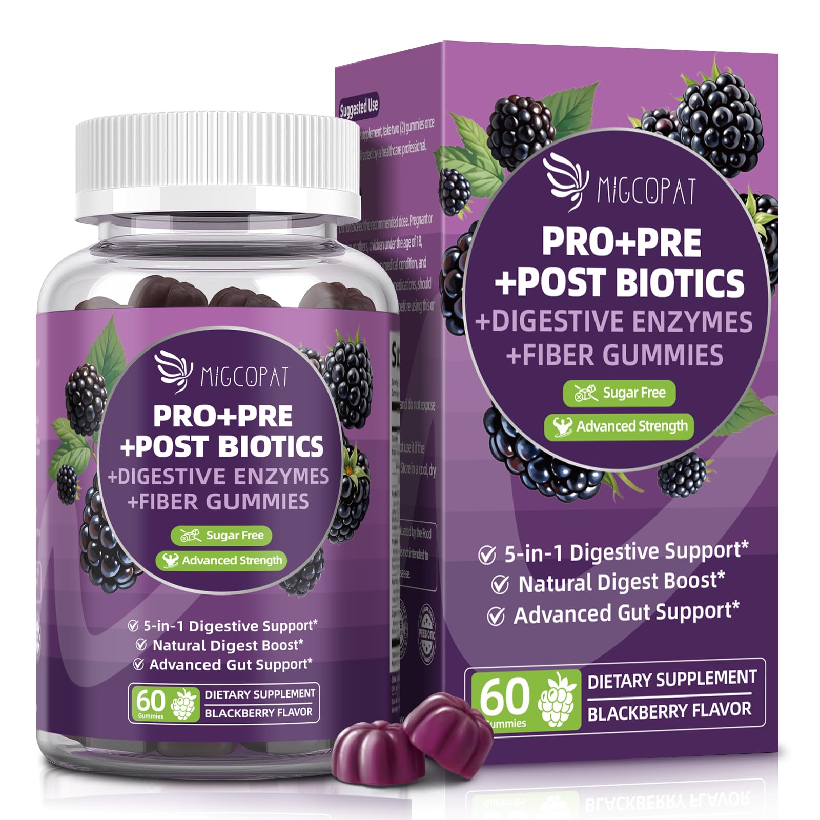 Migcopat Pre Post Probiotics Gummies, 5 in 1 Probiotic Prebiotic Postbiotic Digestive Enzymes with Fiber, 120 Billion CFU Probiotics Complete Gut Support, Sugar Free, Vegan, BlackBerry Flavor, 60 Cts MigcopatAu supplements