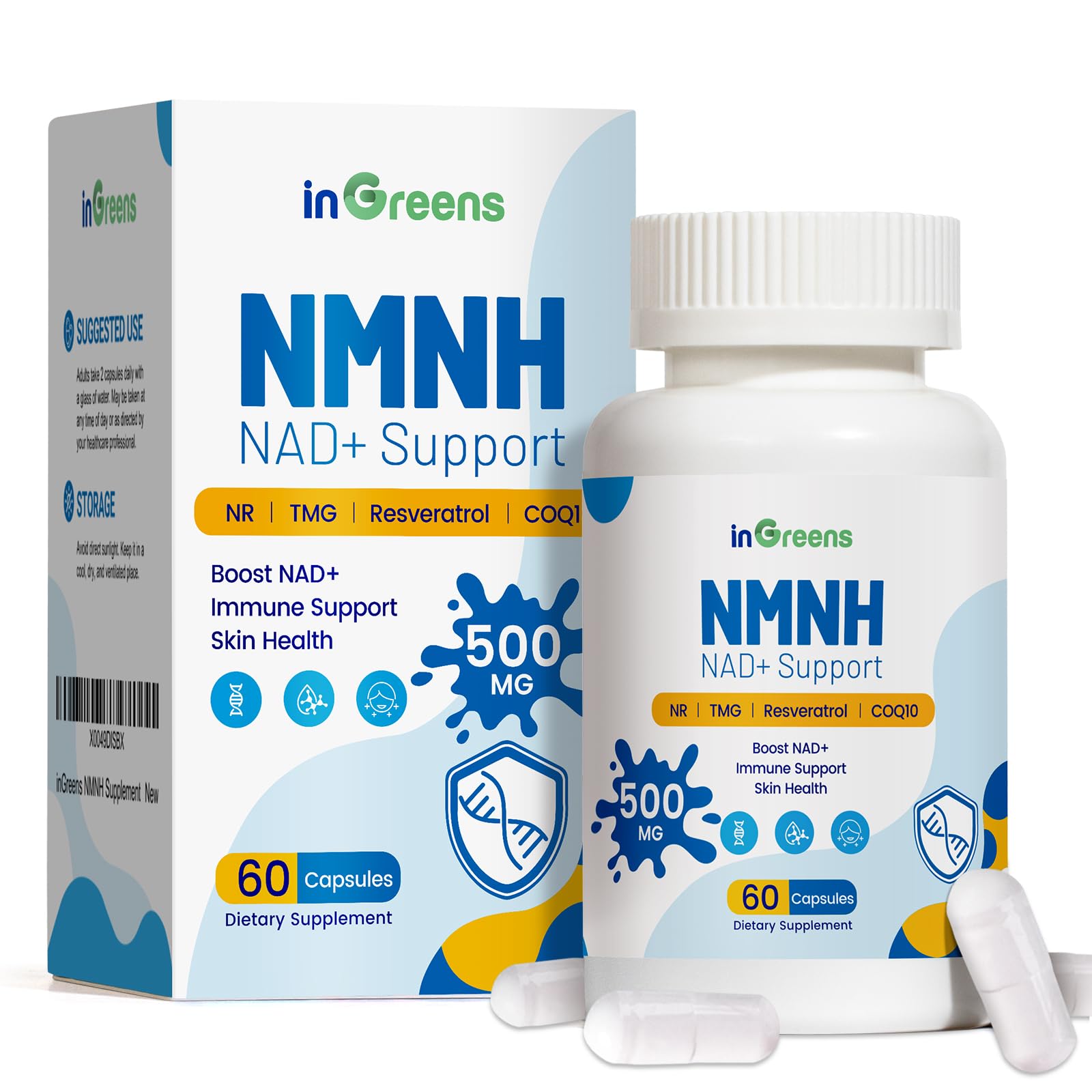 500mg NMNH, NMN Supplement Alternative with NR, TMG, Resveratrol, COQ10, NAD Supplement, Anti Aging, Energy, Boost NAD+ Levels, 60 Capsules inGreensAu supplements
