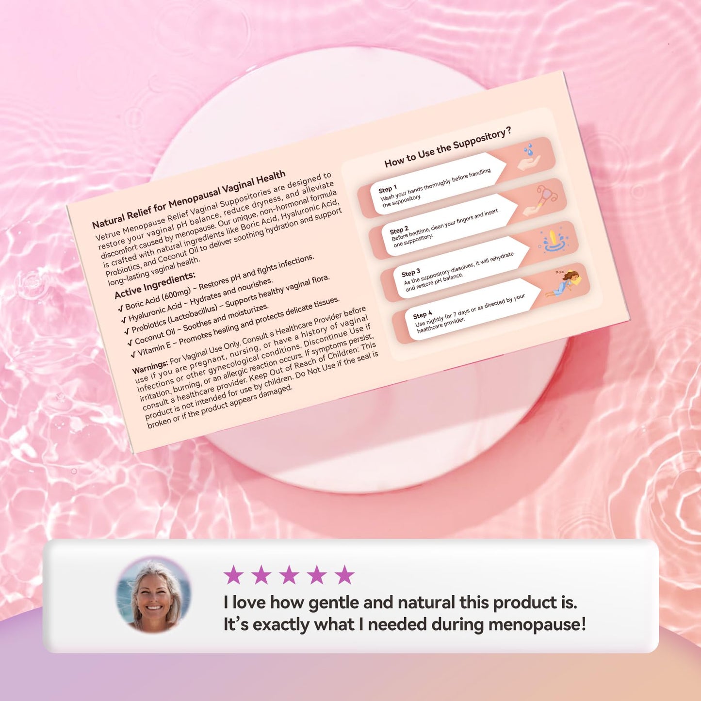 Vetrue Menopause Relief Vaginal Suppositories, Non-Hormonal, All-Natural Formula with Boric Acid, Hyaluronic Acid, Probiotics, Coconut Oil & Vitamin E, Soothes Vaginal Dryness & Discomfort(12 Inserts) vetrueUS supplements