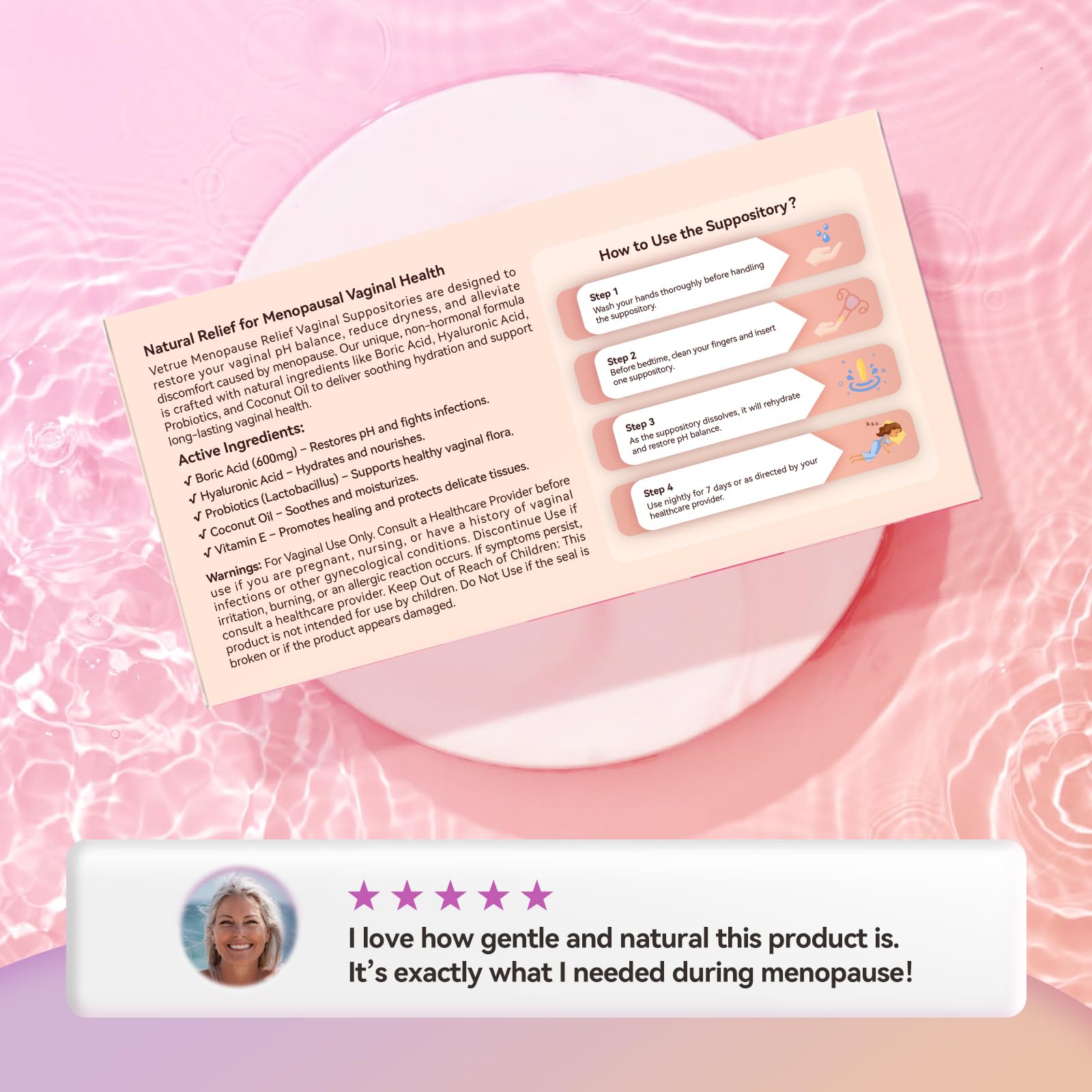 Vetrue Menopause Relief Vaginal Suppositories, Non-Hormonal, All-Natural Formula with Boric Acid, Hyaluronic Acid, Probiotics, Coconut Oil & Vitamin E, Soothes Vaginal Dryness & Discomfort(12 Inserts) vetrueUS supplements
