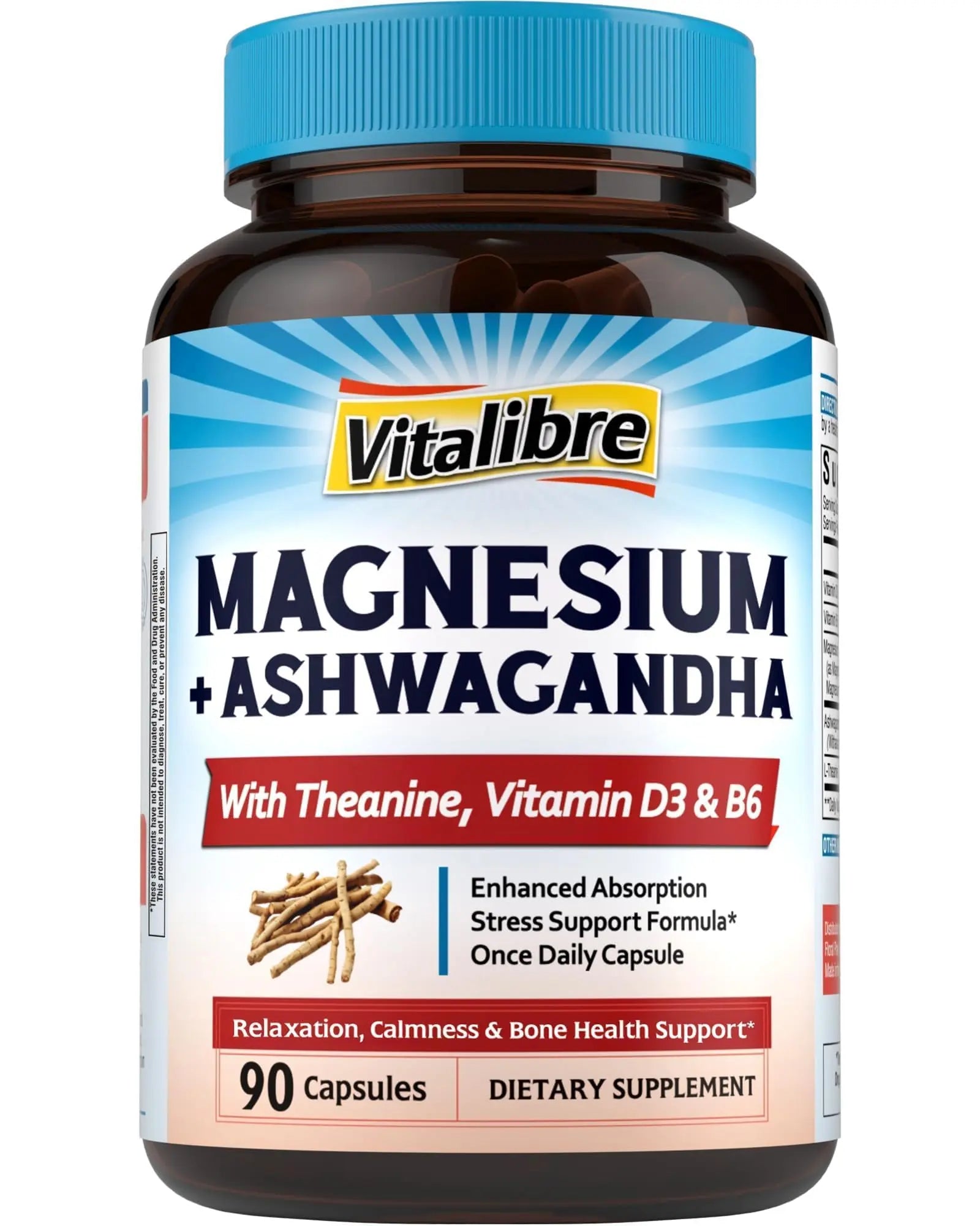Vitalibre Magnesium Complex with Ashwagandha & L-Theanine - Stress Relief, Bone & Relaxation Support - w/Vitamin D3, B6 - Glycinate, Citrate, Malate, Taurate - 90 Vegan Capsules, Non-GMO, Gluten Free VitalibreAu supplements
