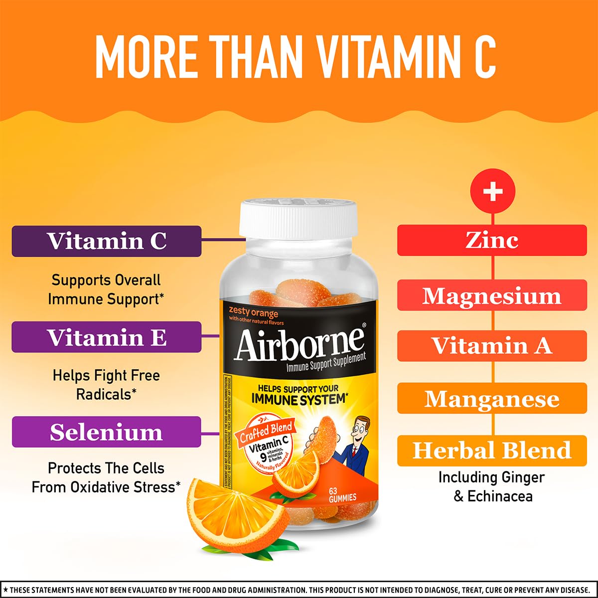 Airborne 750mg Vitamin C Immune Support Supplement Gummies for Adults, Zesty Orange Flavor, Gluten Free Crafted Blend with Powerful Antioxidants Vitamins A C & E, 63 Gummies (3 Pack) AirborneAu supplements
