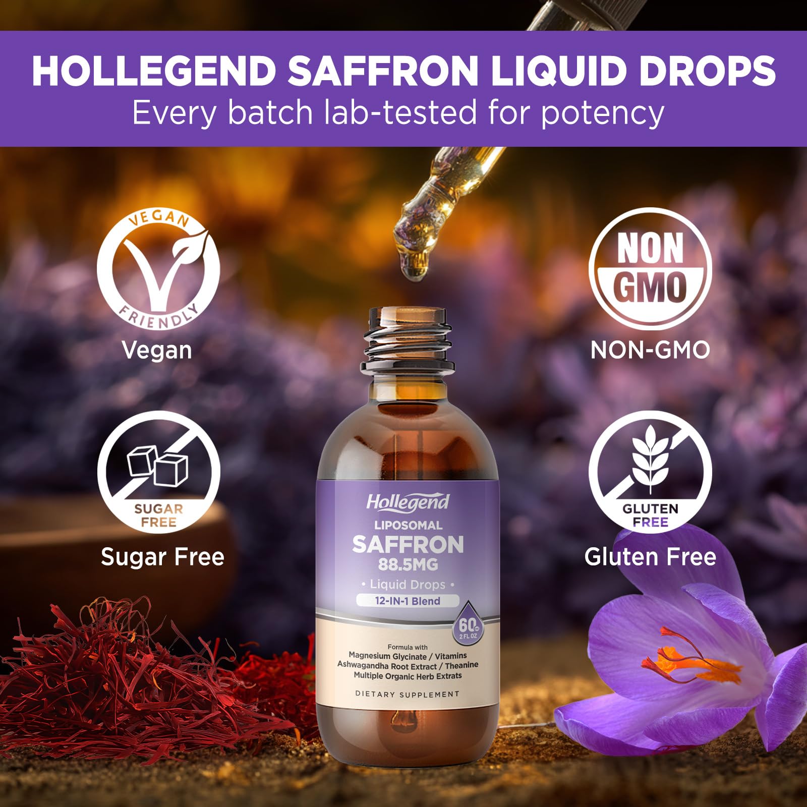HOLLEGEND Liposomal Saffron Drops for Kids & Adults, Organic Saffron Supplement w/Magnesium, L-Theanine and Vitamins for Stress, Focus, Vision and Energy Support, Vegan, Natural Lemon Flavor, 2 FL OZ HOLLEGENDAu supplements