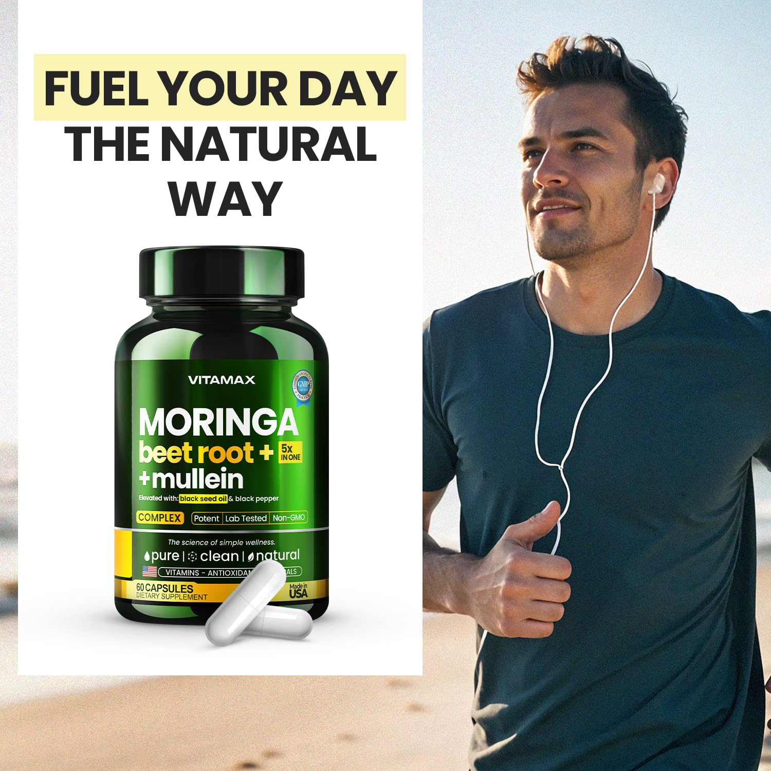 Moringa Capsules, Beet Root, Mullein Leaf - Energy, Skin, Immune Supplement Superfood, Rich in Antioxidants, Minerals & Essential Vitamins - High Absorption Non-GMO - Made in USA - 60ct VitamaxAu supplements