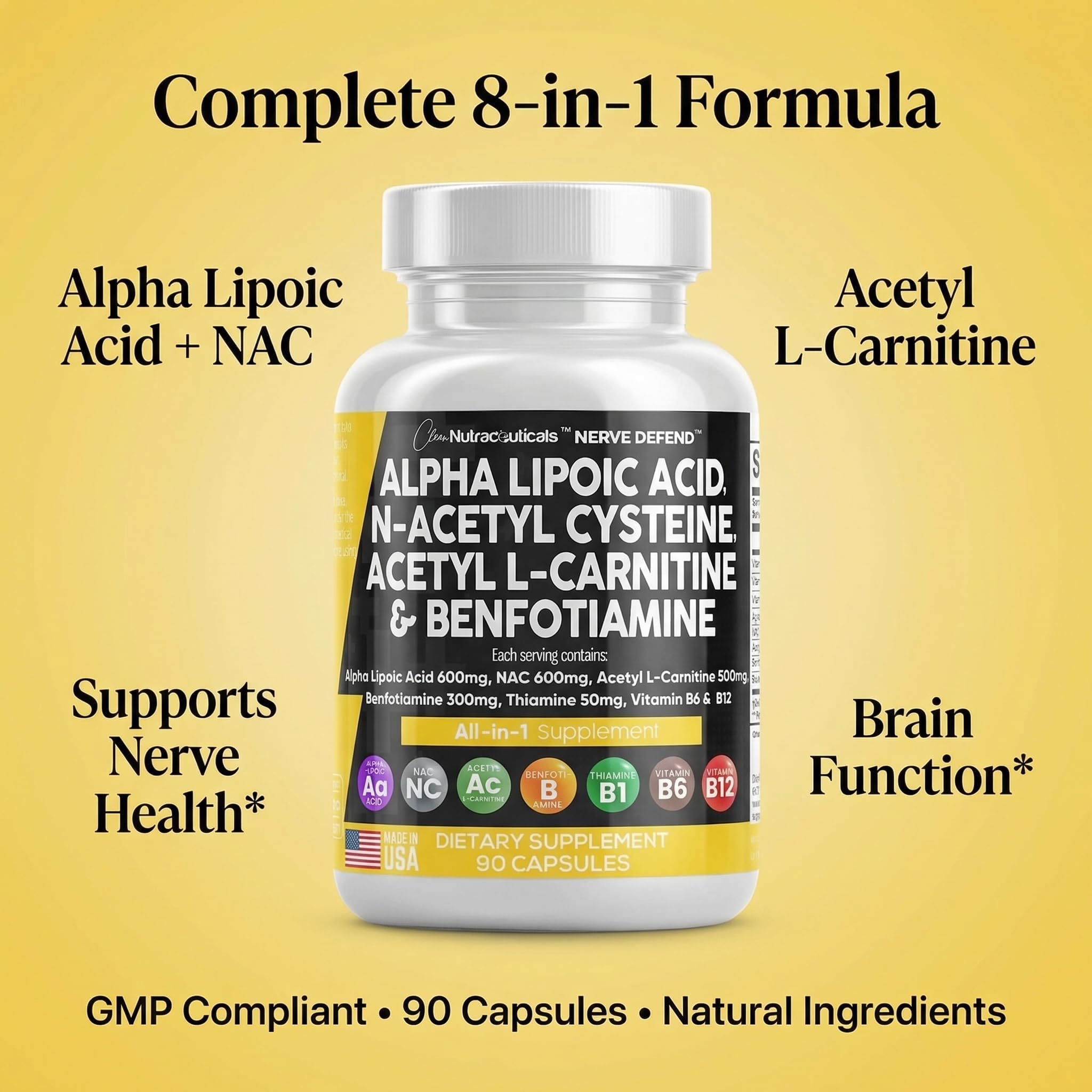Alpha Lipoic Acid 600mg N-Acetyl Cysteine 600mg Acetyl L-Carnitine 500mg Benfotiamine 300mg - Nerve Support Supplement for Women and Men with Vitamin B1 B6 & B12 - Made in USA 90 Caps Clean NutraceuticalsAu supplements