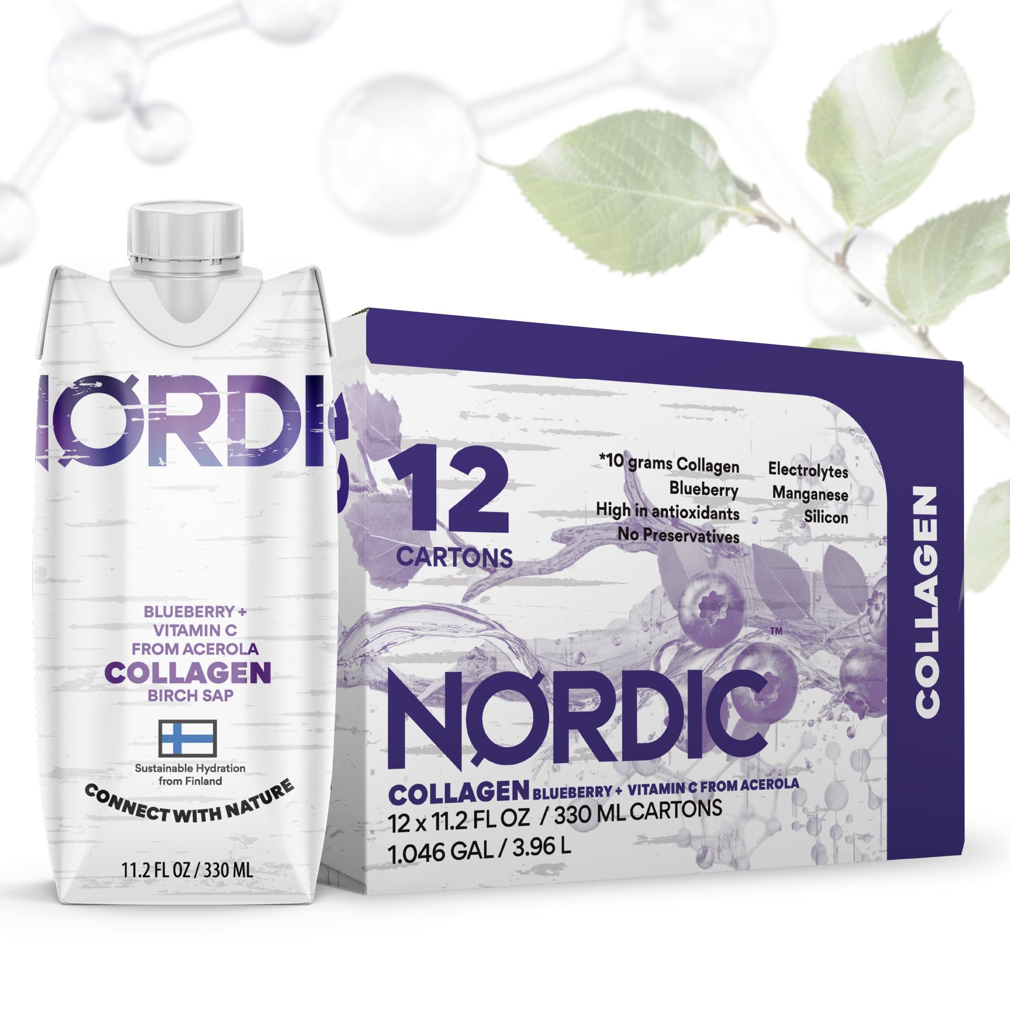 Nordic Liquid Collagen Peptide Drink, Organic Birch Sap, Wild blueberry + Vitamin C, Made in Finland - 10g Clinically Studied Grass Fed Collagen Peptides for Skin Hair Nails & Joint Support, with Silica, BPA-Free Beverage (12 Pack) Nordic Tree WaterAu supplements