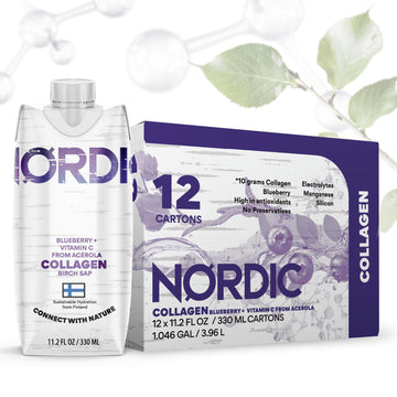 Nordic Liquid Collagen Peptide Drink, Organic Birch Sap, Wild blueberry + Vitamin C, Made in Finland - 10g Clinically Studied Grass Fed Collagen Peptides for Skin Hair Nails & Joint Support, with Silica, BPA-Free Beverage (12 Pack) Nordic Tree WaterAu supplements