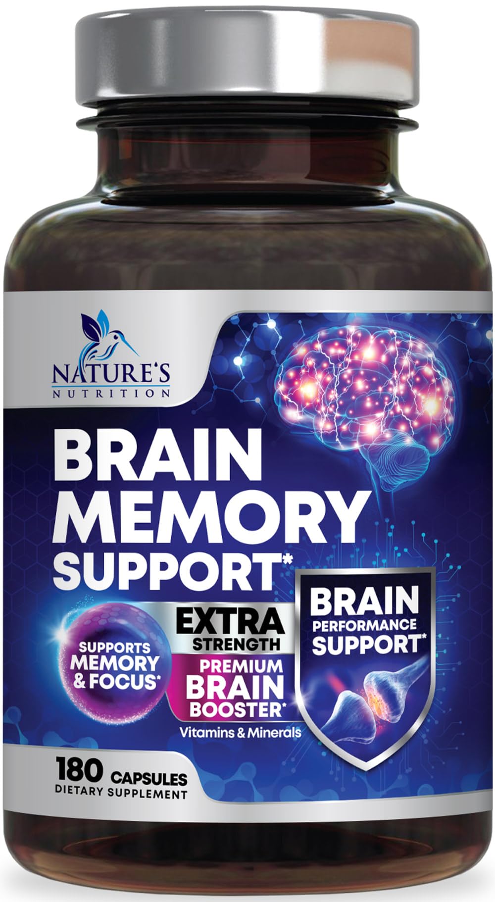 Brain Memory Supplement Pills - 3X Strength Nootropics for Concentration, Clarity & Focus Support - Brain Health Cognitive Vitamins with Bacopa, Phosphatidylserine & DMAE, Brain Booster - 180 Capsules Nature's NutritionAu supplements