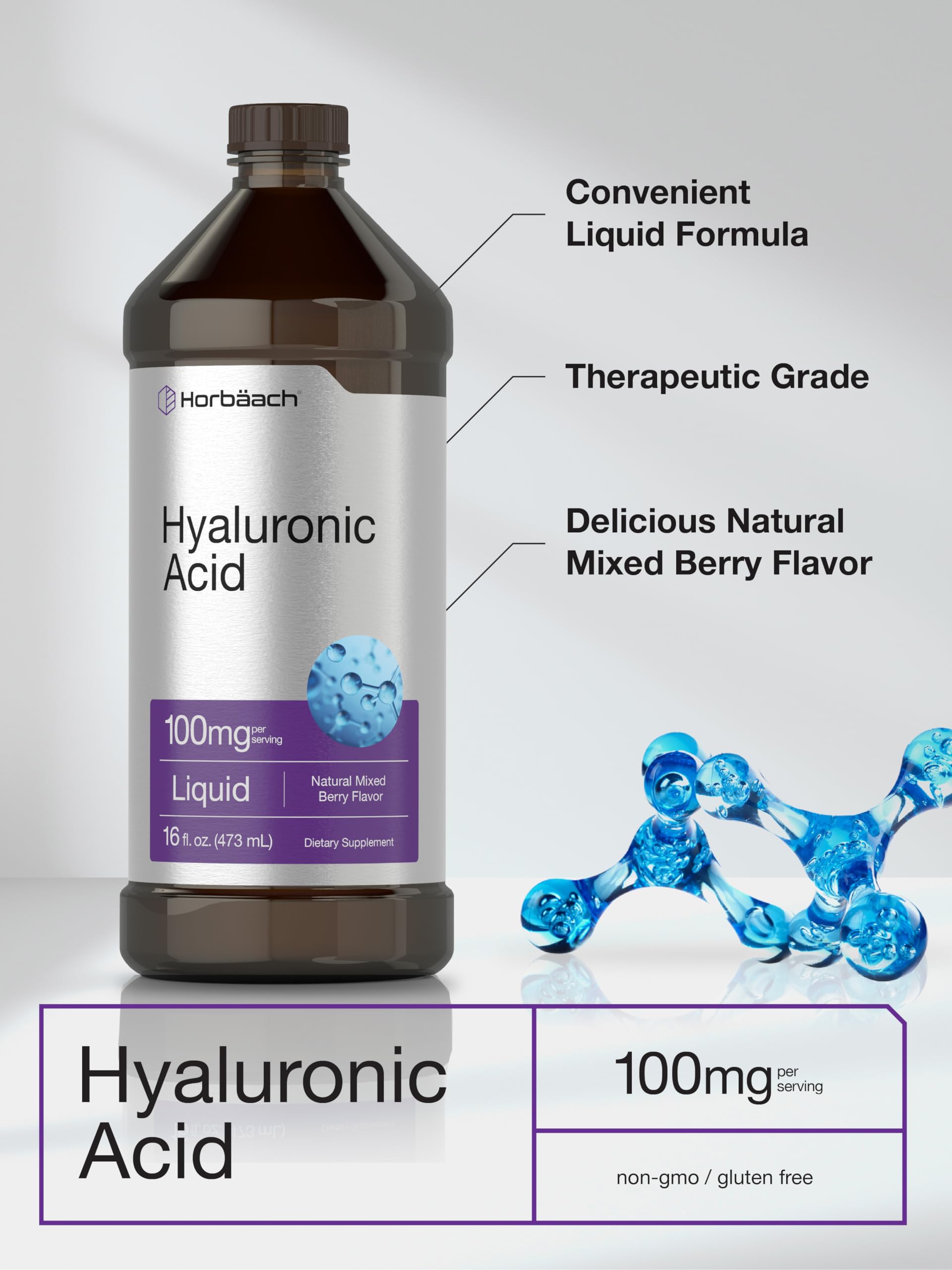 Liquid Hyaluronic Acid Supplement | 100 mg | 16 oz | Mixed Berry Flavor | Non-GMO HorbäachAu supplements
