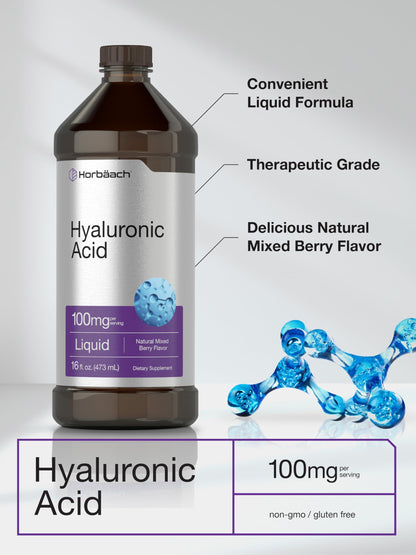 Liquid Hyaluronic Acid Supplement | 100 mg | 16 oz | Mixed Berry Flavor | Non-GMO HorbäachUS supplements
