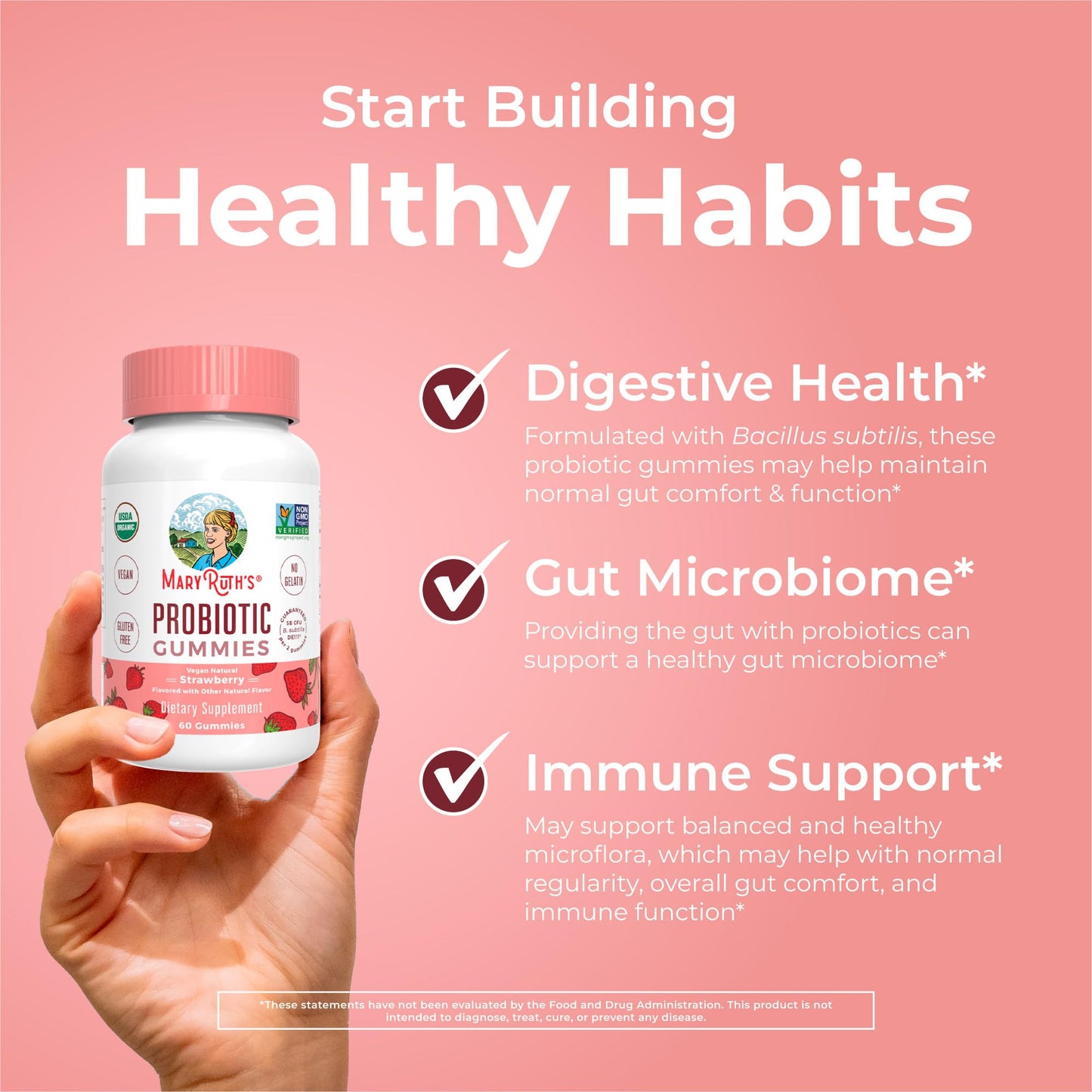 MaryRuth Organics USDA Organic Probiotic Gummies |Probiotics forWomen & Men Digestive Health & Gut Comfort Supplement 5 Billion CFU | Immune & Digestive Support | Vegan | Non-GMO | 60 Count MARYRUTH'SUS supplements