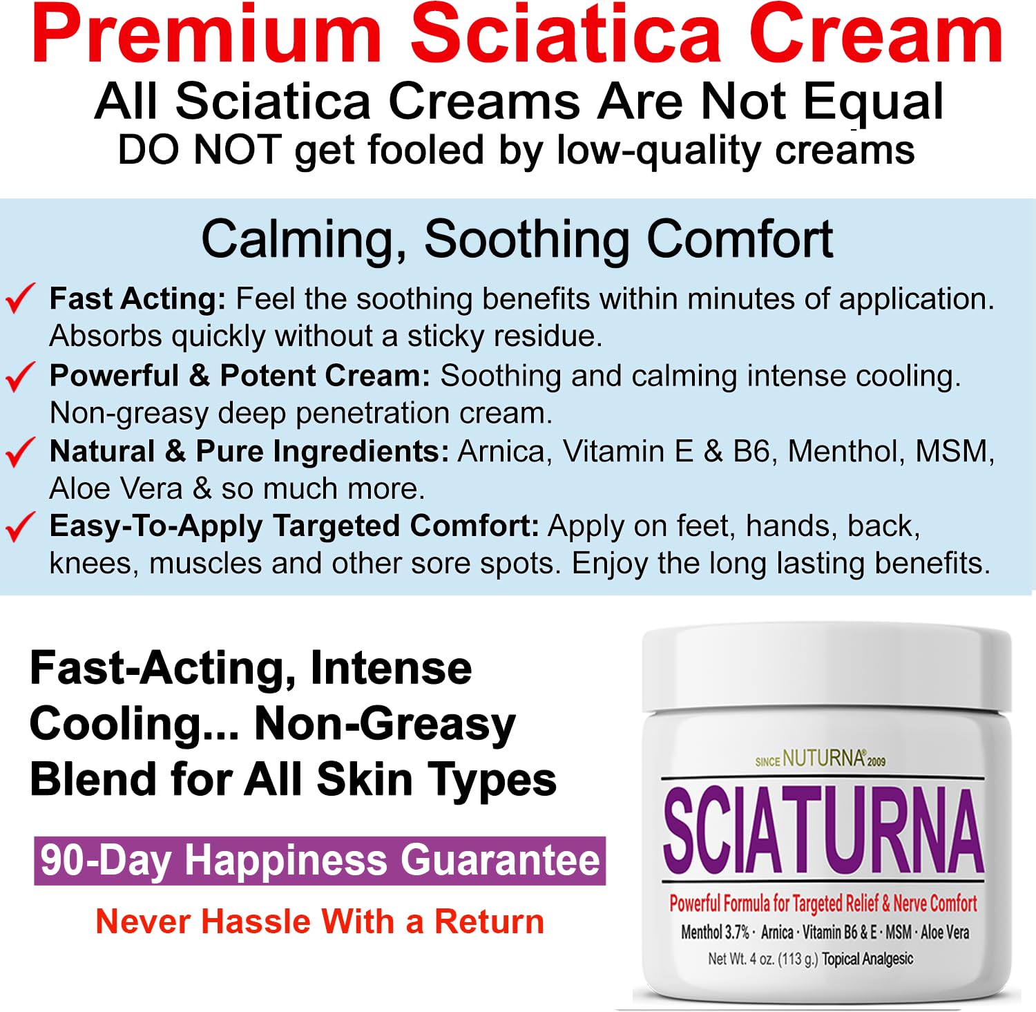 Sciatica Nerve Cream - Maximum Strength Comfort Cream for Feet, Hands, Legs, Toes, Back - Natural Ultra Strength Arnica, MSM, Menthol, Soothing Comfort, 2 Oz NuturnaAu supplements