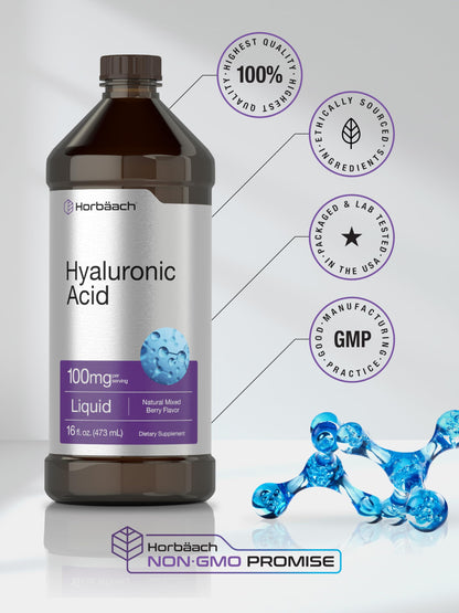 Liquid Hyaluronic Acid Supplement | 100 mg | 16 oz | Mixed Berry Flavor | Non-GMO HorbäachUS supplements