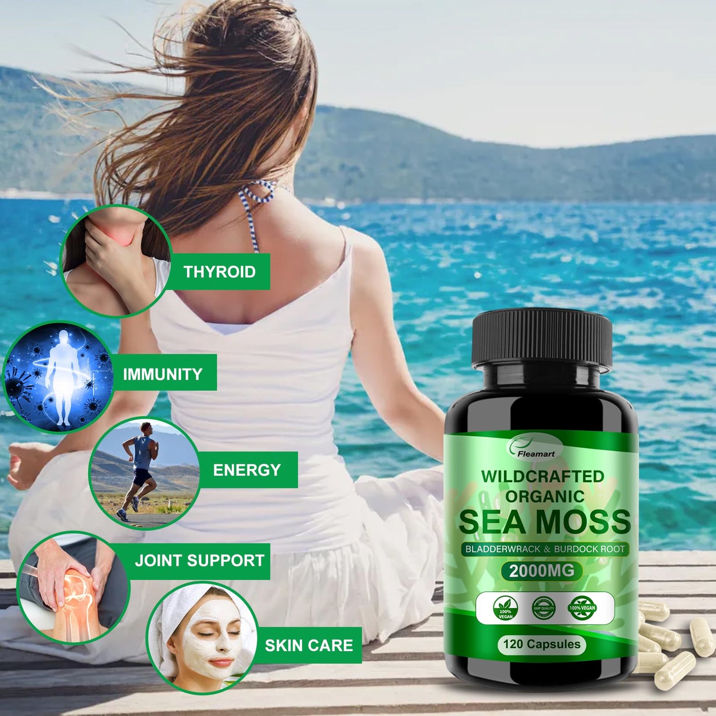 Fleamart Irish Sea Moss Capsules 120ct Raw Organic Sea Moss Wildcrafted Bladderwrack FleamartUS supplements
