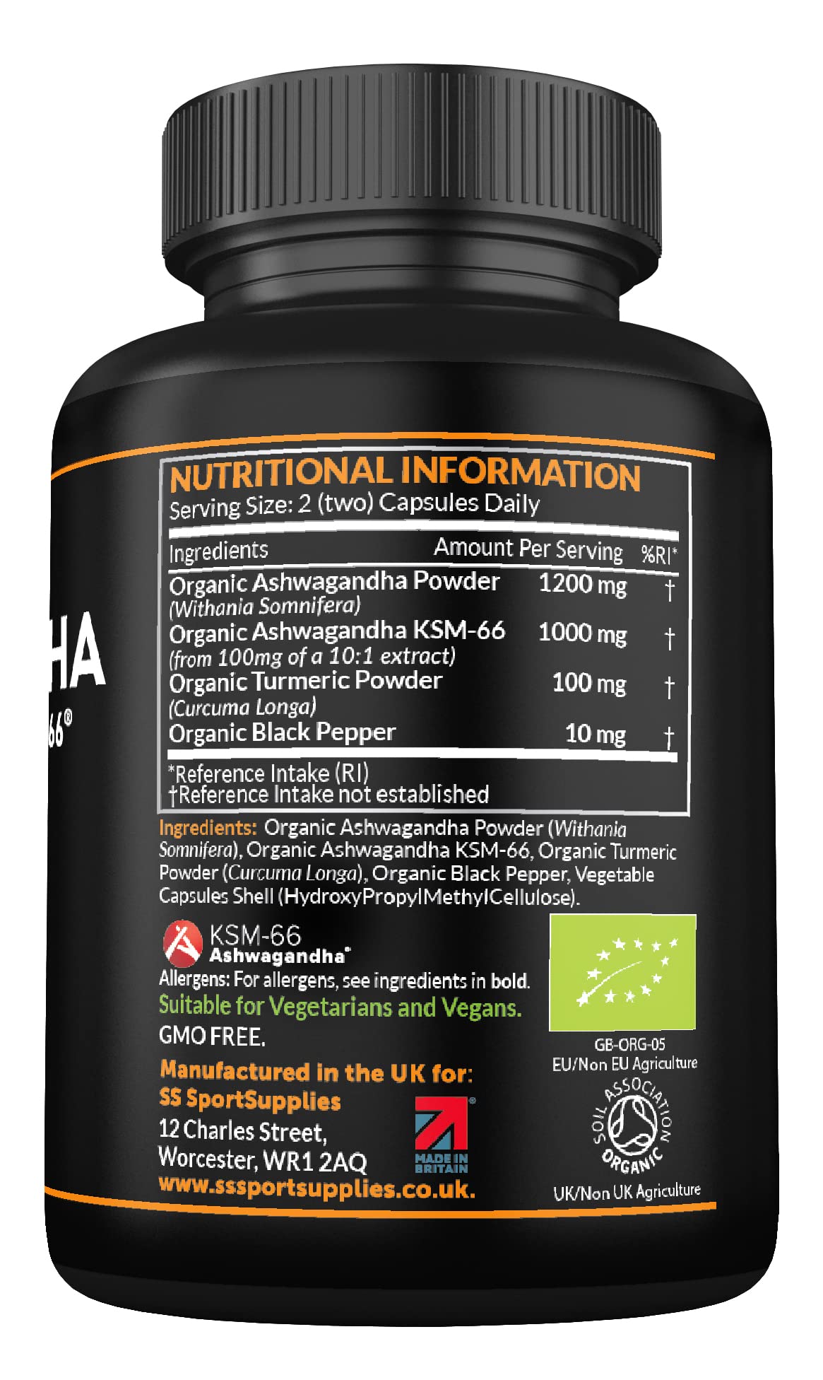 Organic Ashwagandha Capsules 1200mg Boosted with 100mg of Organic KSM-66 SS Sport SuppliesUS supplements