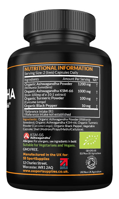 Organic Ashwagandha Capsules 1200mg Boosted with 100mg of Organic KSM-66 SS Sport SuppliesUS supplements