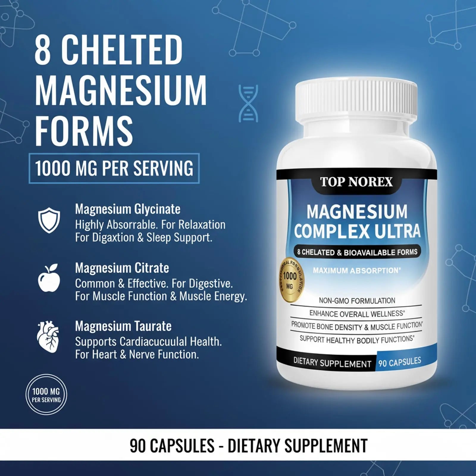 Top Norex Magnesium Complex Ultra - 8 Elemental 1000mg Magnesium Blend, Easy Absorption, 90 Capsules (1) Top Norexnz supplements