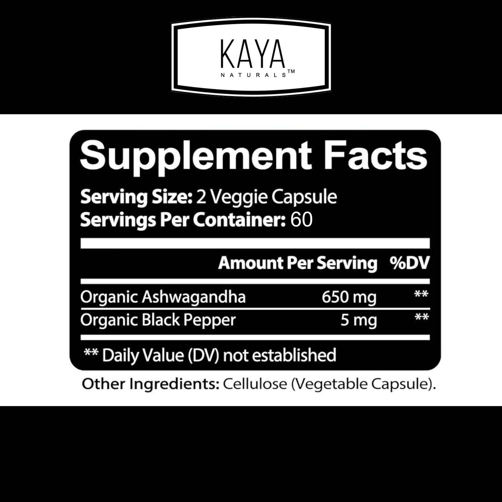 Kaya Naturals Ashwagandha 1300mg, 120 Count Capsules for Stress Relief, Adrenal, Mood & Thyroid Support, Black Pepper and 100% Pure Ashwagandha -120 Capsules Kaya NaturalsAu supplements