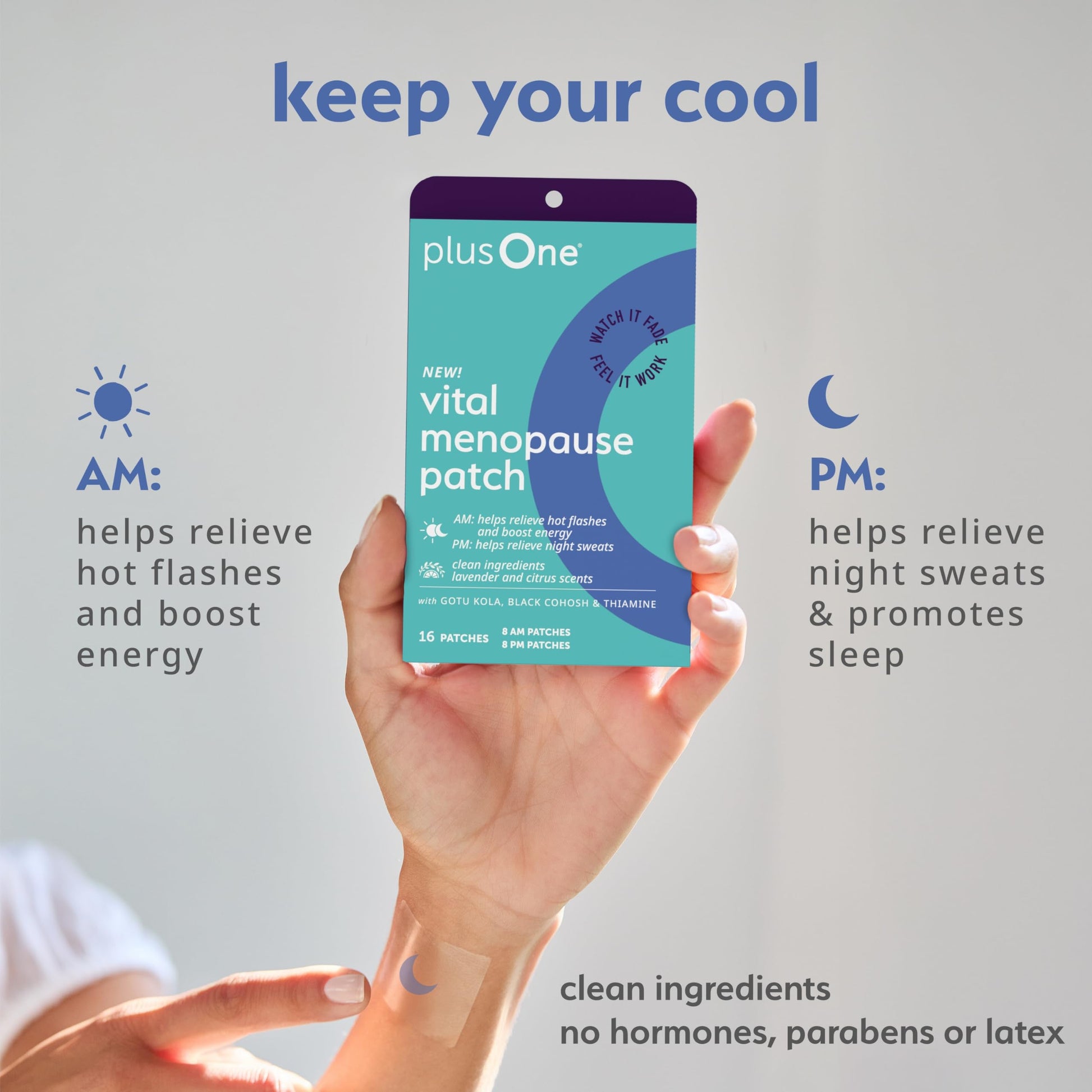 plusOne Vital Menopause Patches AM & PM – Hot Flash & Night Sweat Support – Promotes Energy & Sleep – Herbal Arjuna Daily Patches – 16ct plusOneAu supplements