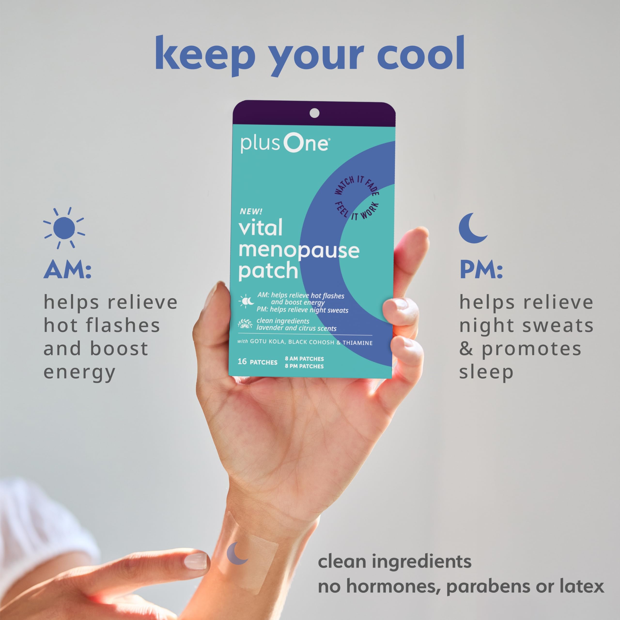 plusOne Vital Menopause Patches AM & PM – Hot Flash & Night Sweat Support – Promotes Energy & Sleep – Herbal Arjuna Daily Patches – 16ct plusOneAu supplements