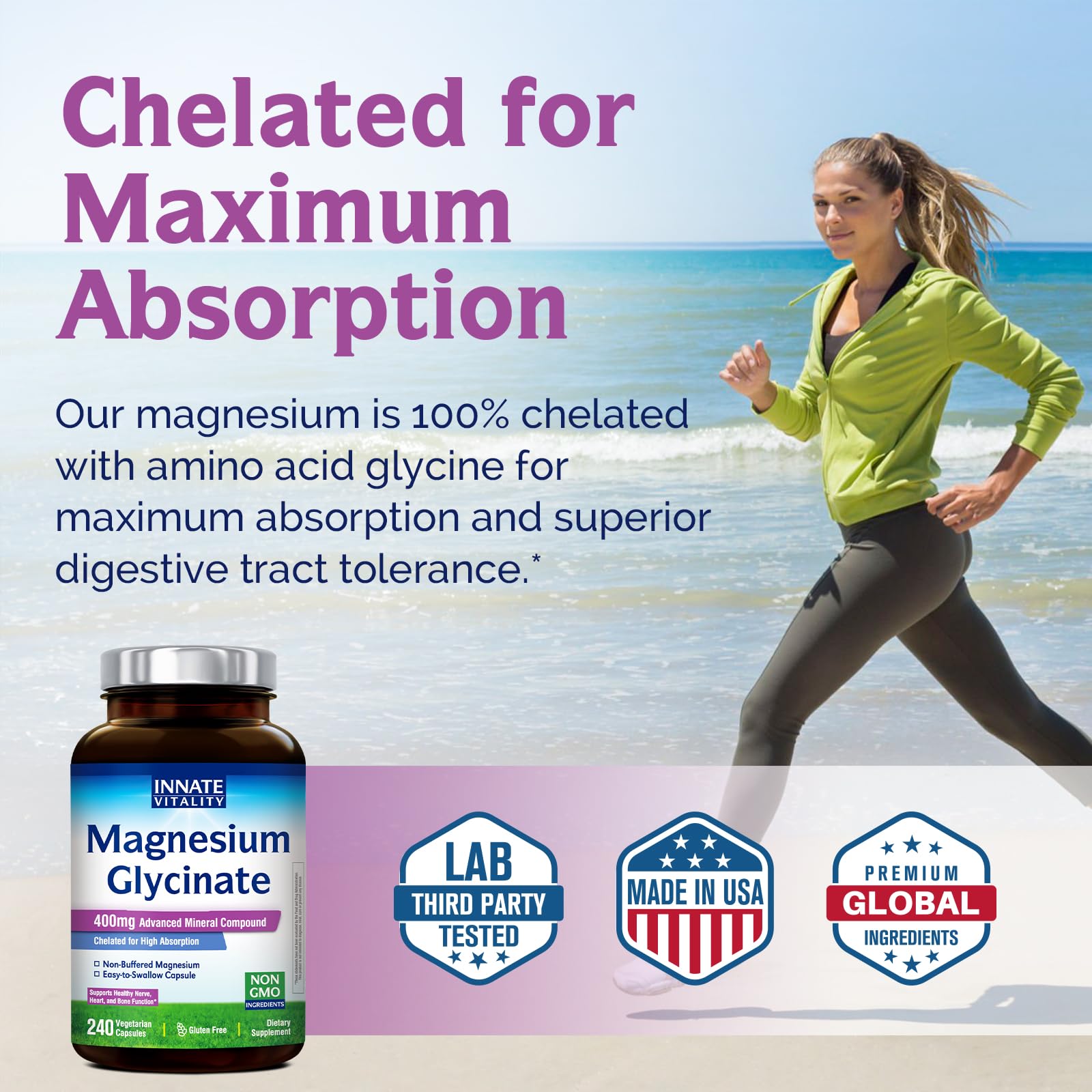 Innate Vitality Magnesium Glycinate 400mg, Non Buffered & High Absorption Magnesium Supplement for Sleep, Relaxation, Heart & Bone Health for Men & Women, Non-GMO, No Gluten, 240 Vegan Capsules Innate VitalityAu supplements
