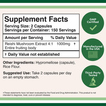 Reishi Mushroom Capsules (4:1 Ganoderma Extract, 1,000mg Red Reishi Powder Servings) Double Wood SupplementsUS supplements