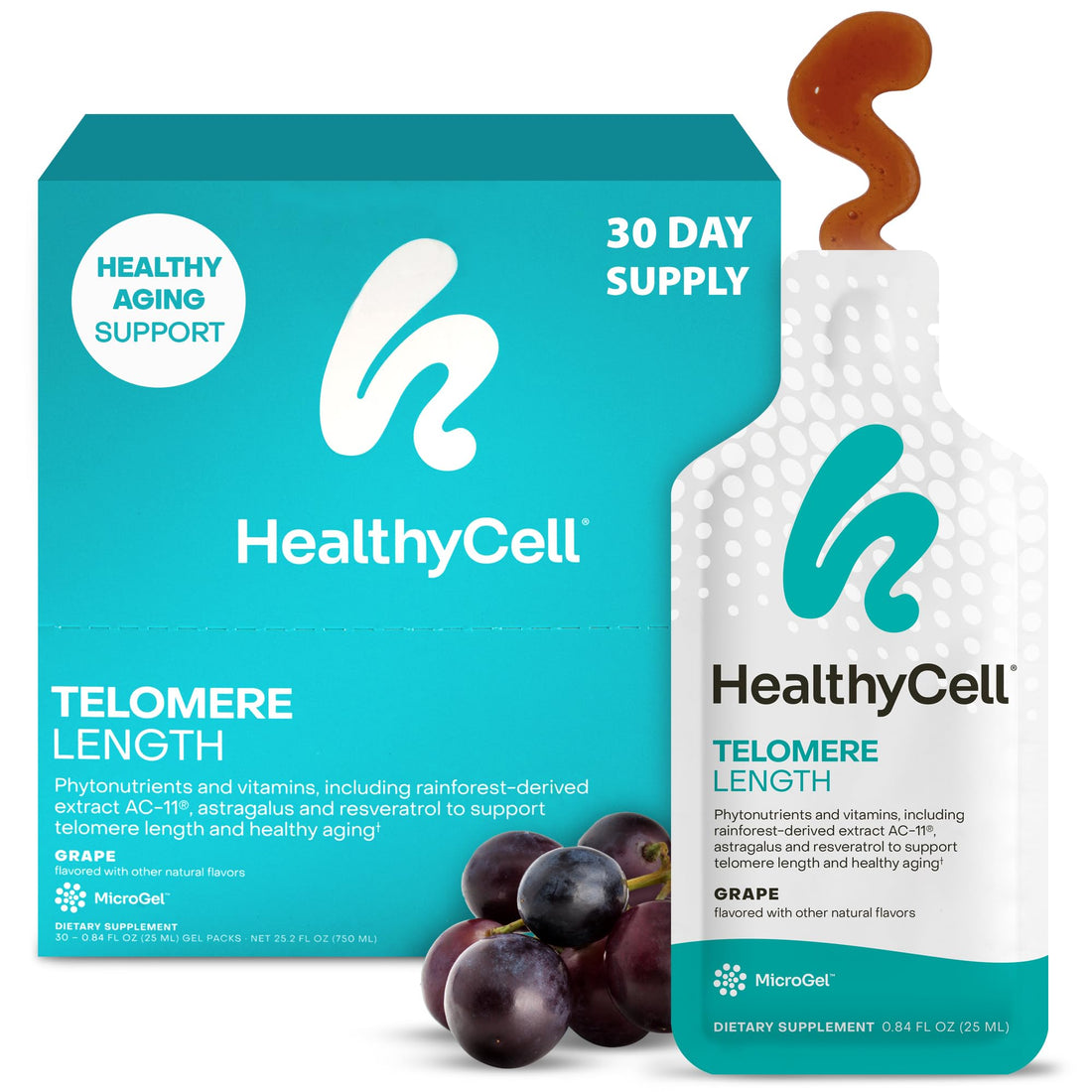 HealthyCell Telomere Length Supplement - Anti-Aging Telomere Lengthening Supplements with Phytonutrients & Vitamins for Cellular Health - AC-11, Astragalus & Resveratrol - 30 Gel Packs, Grape Flavored HealthycellAu supplements