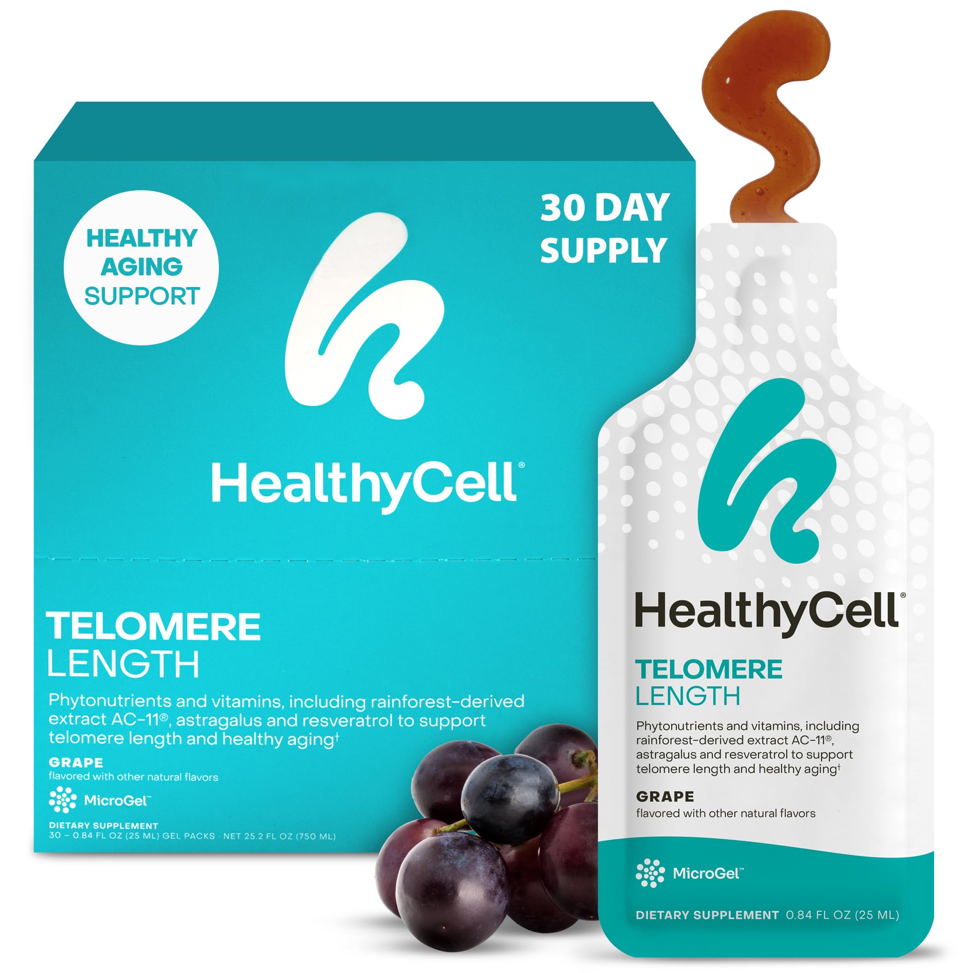 HealthyCell Telomere Length Supplement - Anti-Aging Telomere Lengthening Supplements with Phytonutrients & Vitamins for Cellular Health - AC-11, Astragalus & Resveratrol - 30 Gel Packs, Grape Flavored HealthycellAu supplements