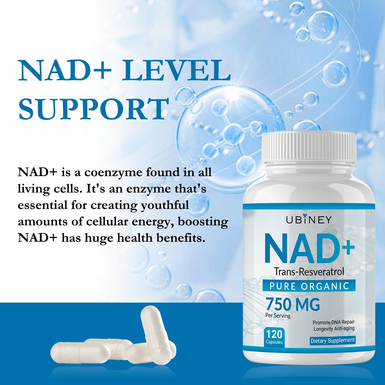 Ubiney NAD+ 750mg with Trans-Resveratrol – Pure Organic Nicotinamide Adenine Dinucleotide Supplement – DNA Repair, Cellular Energy, Anti-Aging Support – 120 Vegan Capsules, Non-GMO, Gluten-Free UbineyAu supplements